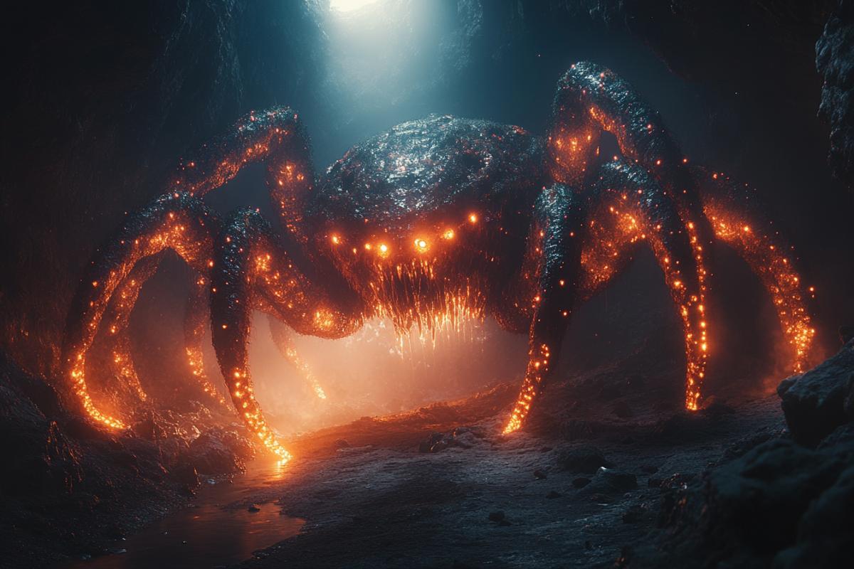 Wide shot of a strange, massive sea creature with bioluminescent tentacles and glowing eyes, lurking near an underwater cave in the Mariana Trench, dark and mysterious deep-sea environment, soft beams of light from a distant submersible illuminate the scene, captured in documentary footage, cinematic lighting