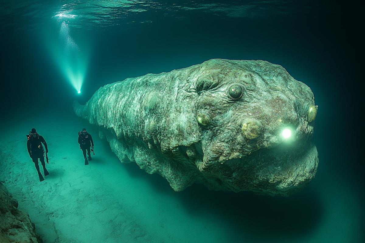 Wide shot of a strange, massive sea creature with bioluminescent tentacles and glowing eyes, lurking near an underwater cave in the Mariana Trench, dark and mysterious deep-sea environment, soft beams of light from a distant submersible illuminate the scene, captured in documentary footage, cinematic lighting