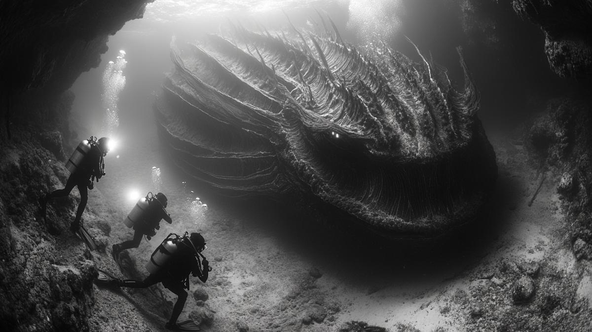 Underwater fisheye shot of a group of divers swimming near an enormous alien-like sea creature with intricate, glowing spines and fins, captured in the dark depths of the ocean, eerie atmosphere with minimal light, divers’ flashlights creating dramatic shadows, National Geographic documentary style