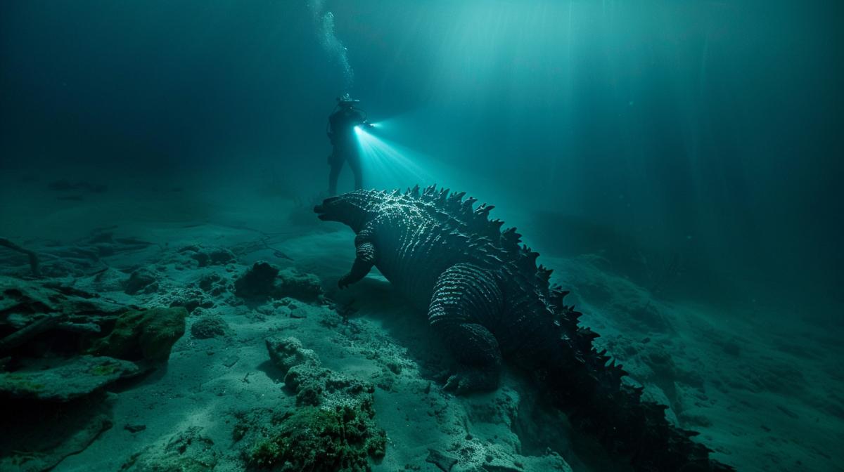 Godzilla walks along the ocean floor in the spotlight, documentary filming