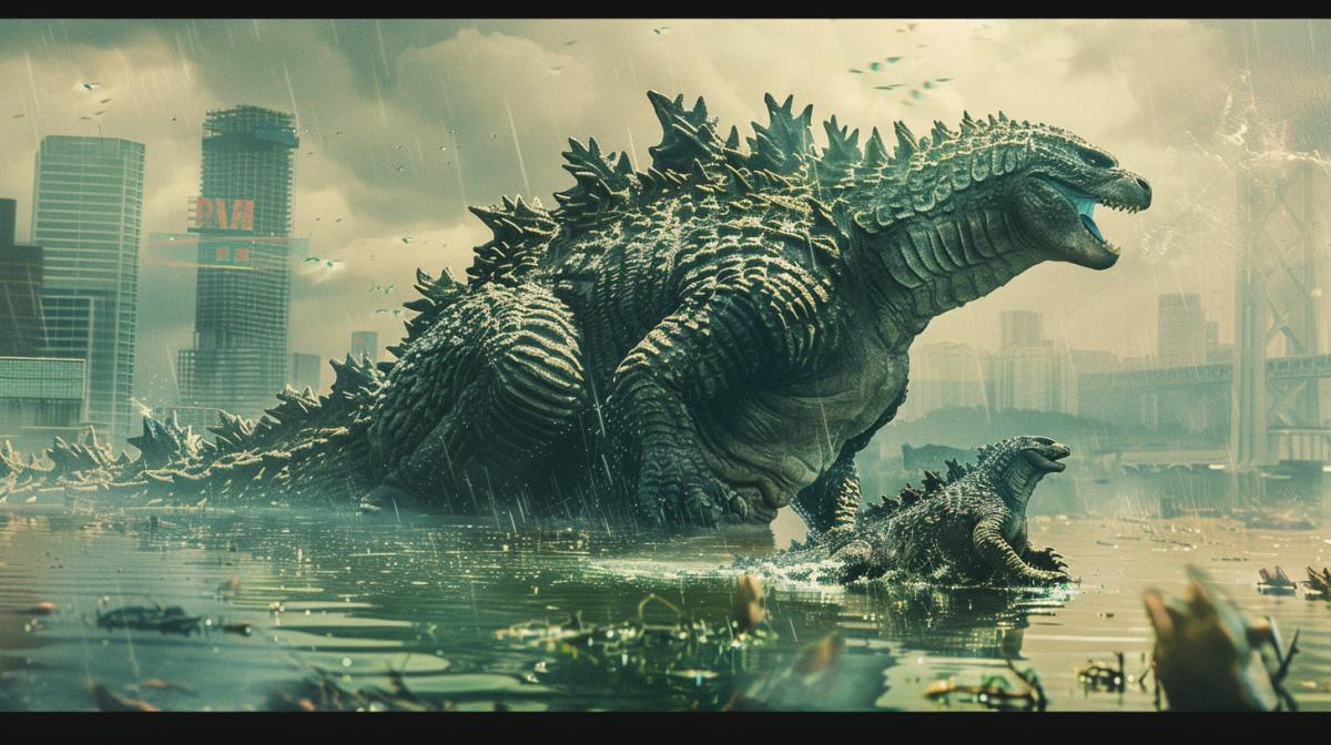 Godzilla with a small cub walks along the ocean floor in a flooded city in the spotlight, documentary filming, Atlantis