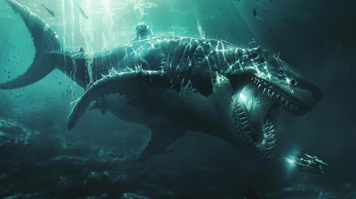 A prehistoric sea creature with glowing tentacles hunts a big megalodon, documentary filming, maximum detail