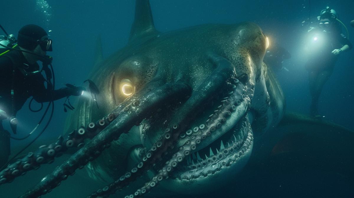 A big squid with glowing eyes wrapped its tentacles around a big megalodon shark, documentary filming, maximum details, underwater inhabitants, researchers in scuba gear with flashlights,