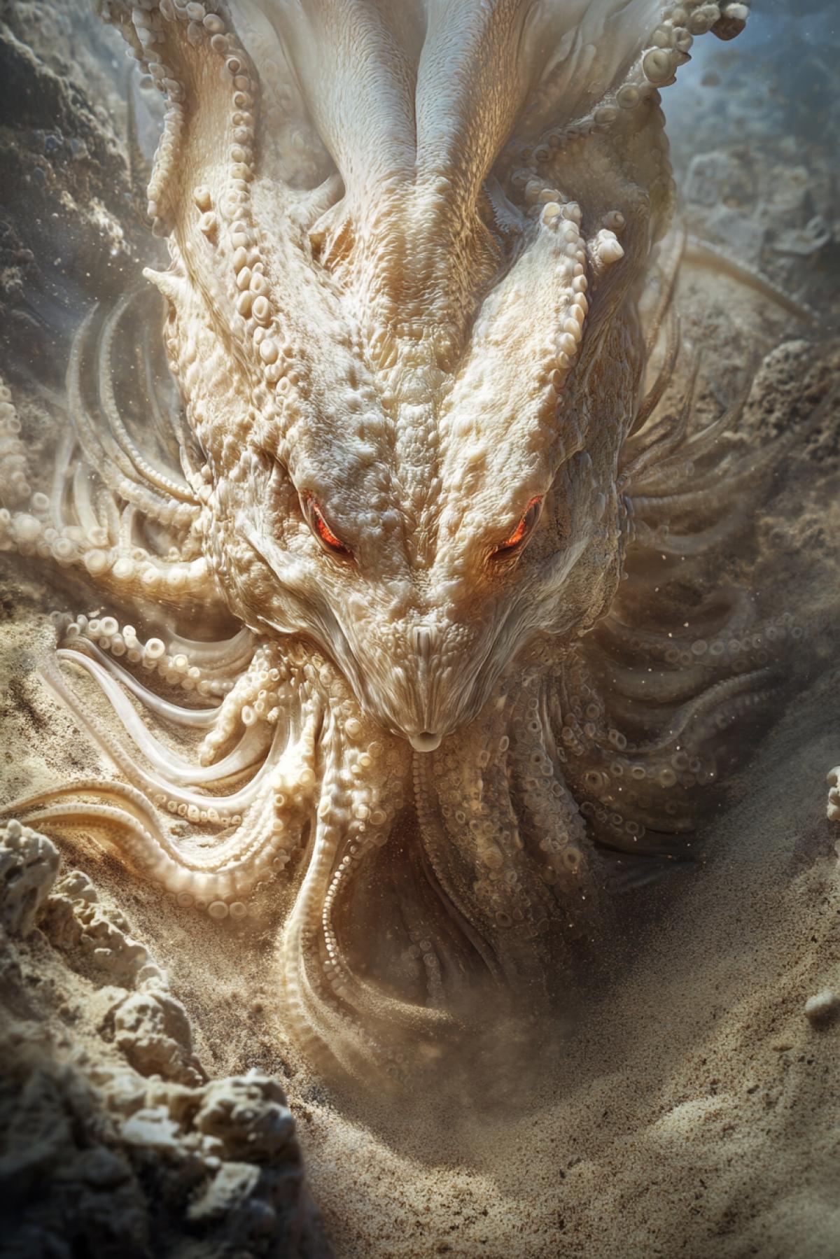 A creature resembling a hybrid of an octopus and a conger eel, with the incredible ability to change the color and texture of its skin to suit its environment. In the frame, it almost completely merges with the underwater bottom, consisting of shells and sand, and its shimmers in beige, brown and silver shades. As the camera zooms in, its eyes suddenly change color to bright red and the creature disappears like lightning under the coral reefs, leaving behind a cloud of sand.