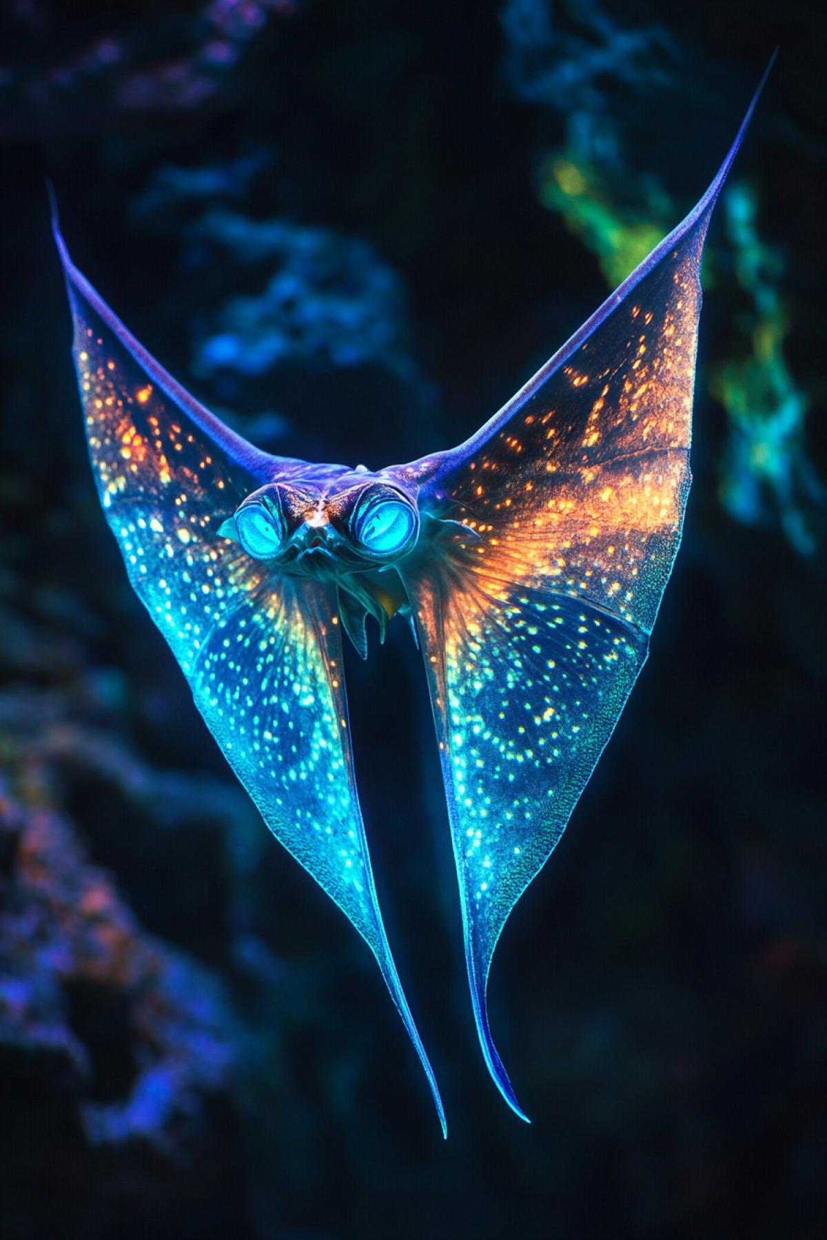 : A creature resembling a big stingray, but with , mirror-like wings that reflect light and create the illusion of endless depth around it. The wings shimmer with bright colors at the slightest movement, which helps it camouflage among deep-sea algae. His eyes are bright blue and glow hypnotically in the dark. In the background is a gloomy underwater canyon with swaying algae, shrouded in thick darkness. The shot is made as if it were a documentary filmed from a drifting submersible.