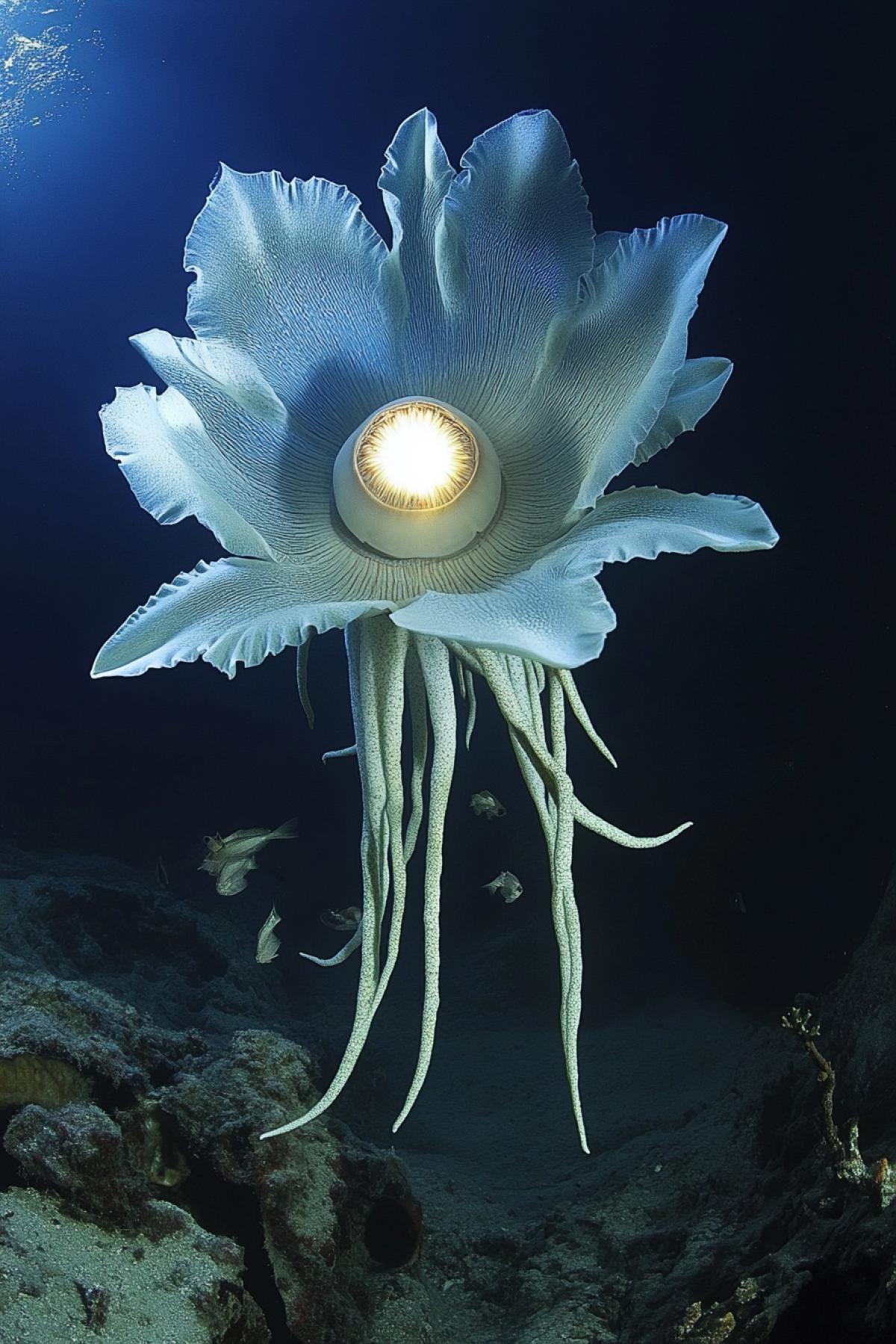 An incredible creature that looks like a giant lily flower with dozens of tentacles that rise up like petals. Its center looks like a giant round eye with three pupils that slowly follows every movement of the underwater currents. The camera records how a bright beam of light emerges from its center, which, like a lantern, brightens the abyss of the sea, attracting small fish and shrimp to it. In the background are the ancient remains of a sunken ship, creating an atmosphere of a mysterious and sinister underwater world.