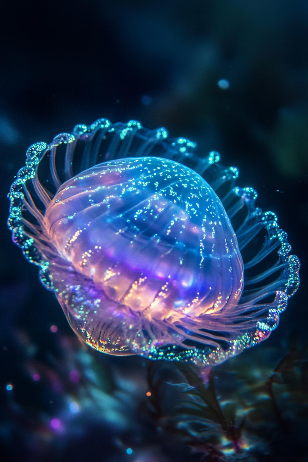 A strange creature in the shape of a sphere with a shell, inside of which one can see rotating rings and slowly moving fins. It shimmers with blue and violet light, and its \"gills\" shimmer with bright flashes of green. Close-ups show small glowing tentacles with which the creature catches microscopic planktonic inhabitants. All around are the dark waters of the ocean, illuminated only by this mysterious creature. The camera slowly rotates around him, capturing his bioluminescent show.