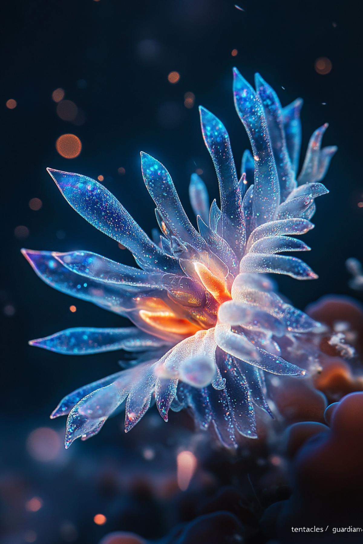 A creature whose anatomy resembles a giant crystalline coral, capable of movement. Its \"tentacles\" consist of iridescent edges, like cut gems, reflecting the light falling from the surface. The central part of his is , luxury a pulsating, glowing organ inside that changes colors depending on his mood. The camera captures the moment the \"guardian\" spreads its crystalline tentacles to scare away predators, creating an incredible play of light and shadow on the surrounding reefs. The background is a dark, almost inky abyss of the ocean, dotted with sparkling particles of plankton.