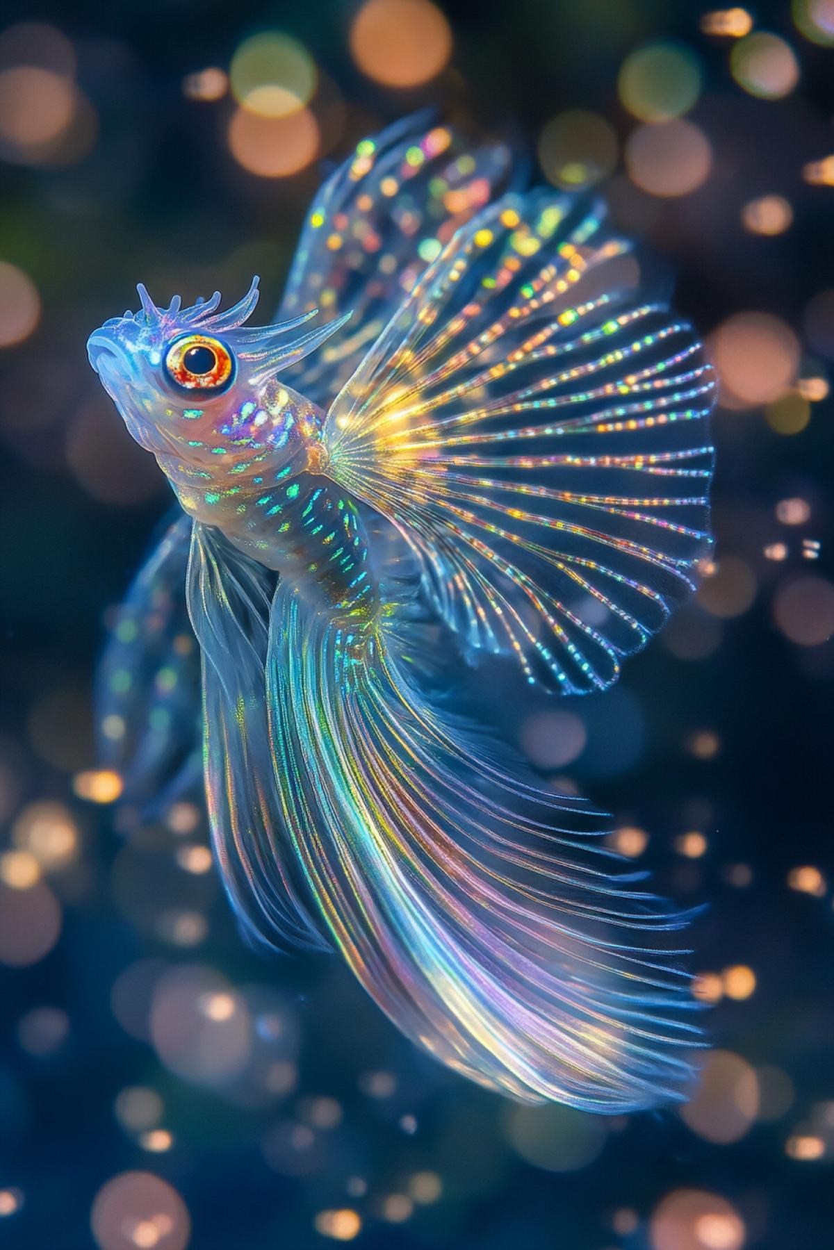 A creature with an incredibly long, flexible , resembling a ribbon of multi-colored silk threads, which floats, leaving a luminous trail behind it, like a comet. Its surface is covered with miniature plates that can change color, creating the effect of a rainbow movement. A close-up shows that his eyes are made up of hundreds of tiny pupils, and each pupil changes direction and color. The shot was taken during the hunt, when the \"filaria\" releases luminous tentacles that form patterns, attracting small fish. In the distance you can see an underwater canyon filled with luminous plants and algae.