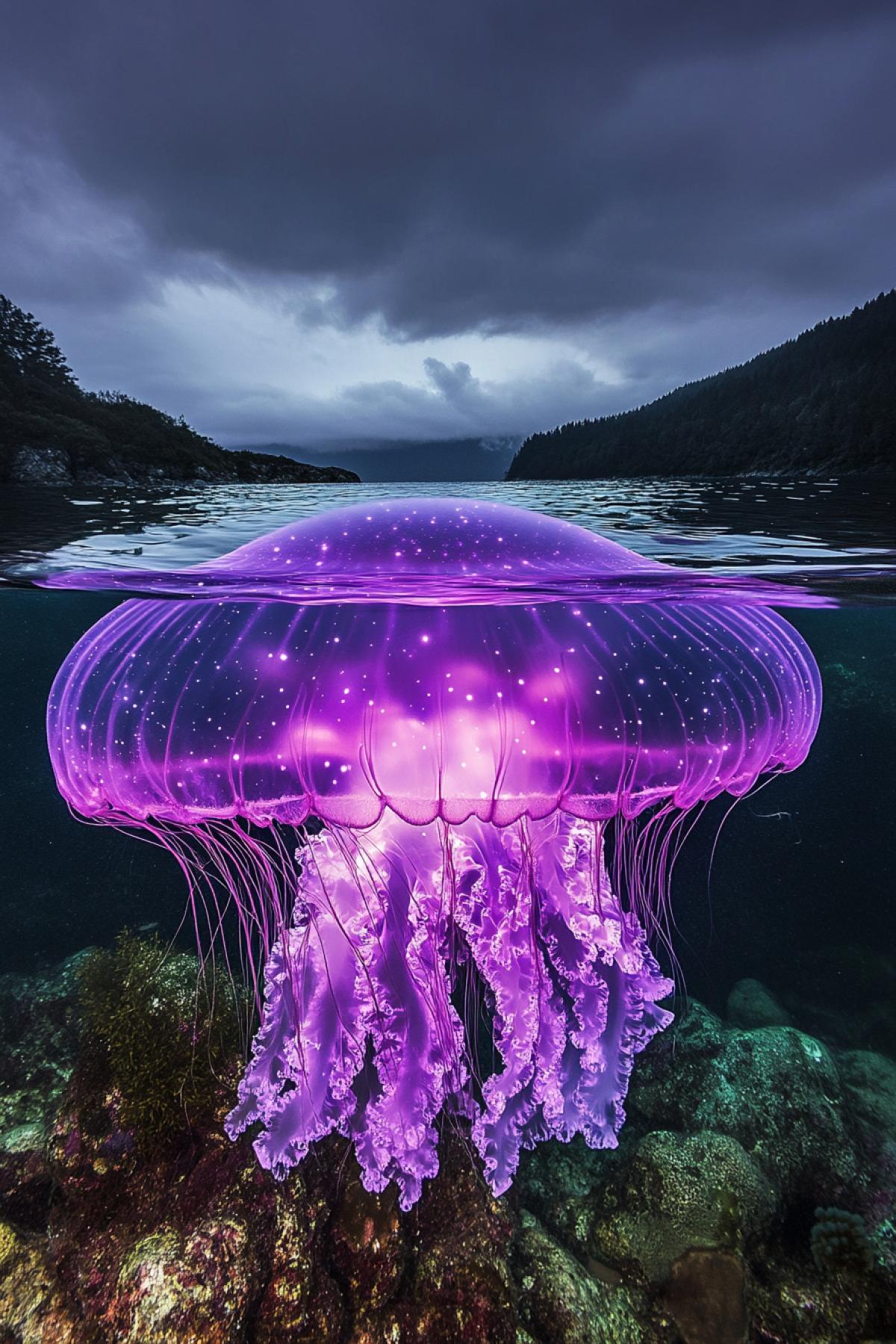 A big jellyfish with a that resembles an amethyst gemstone. Glowing crystals float inside its dome, creating the effect of a starry sky. Jellyfish has the ability to change the color and transparency of its , completely merging with underwater landscapes, and even creating the illusion of movement in still water. The camera captures the moment a jellyfish slowly unfurls its long tentacles as it touches the surface of an ancient coral reef. The shot is a bottom-up view, where light from the surface of the water penetrates the of the jellyfish, creating the illusion of a floating universe.