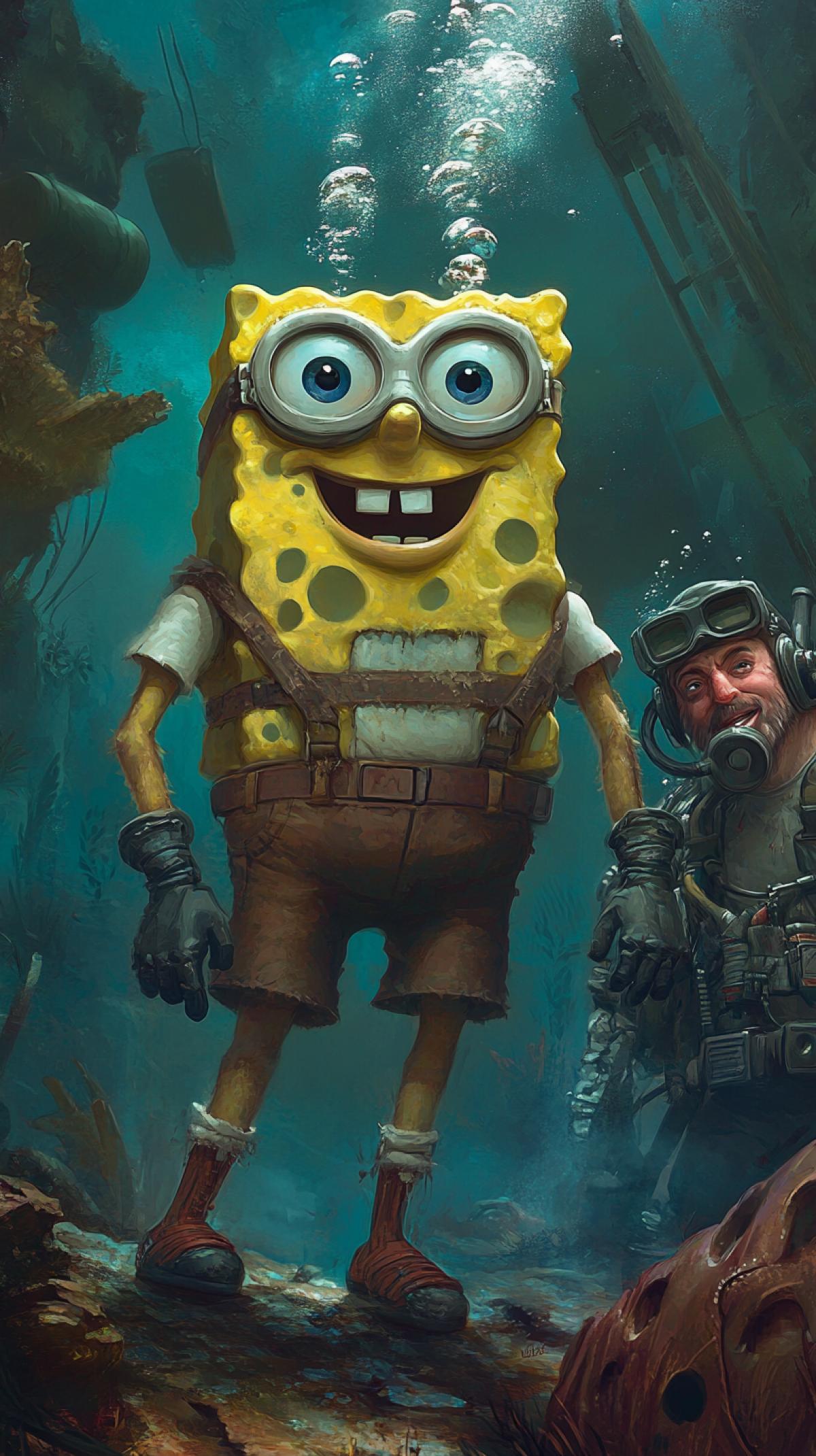 an impressive mixed-style illustration by Aaron J. Riley, Bob Kael and Stanley Artgerm Lau, depicting SpongeBob and shorts Boten, an MKL about SpongeBob squarepants, next to rome a man in scuba gear
