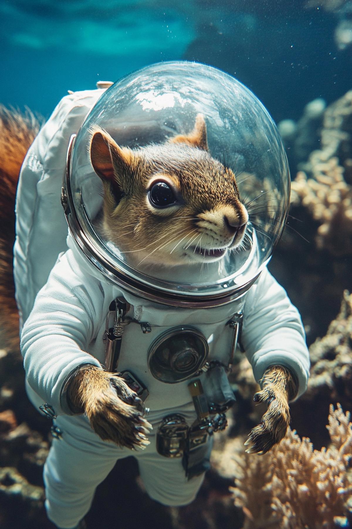 A squirrel in a Soviet astronaut suit is exploring the underwater world of a coral reef.