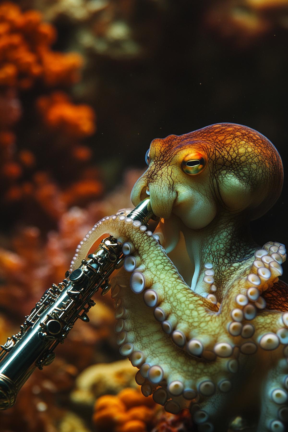 An olive-green octopus is playing the clarinet with great enthusiasm. The octopus is very engrossed in playing the clarinet. The background features a coral reef teeming with life. A scene from a National Geographic documentary.