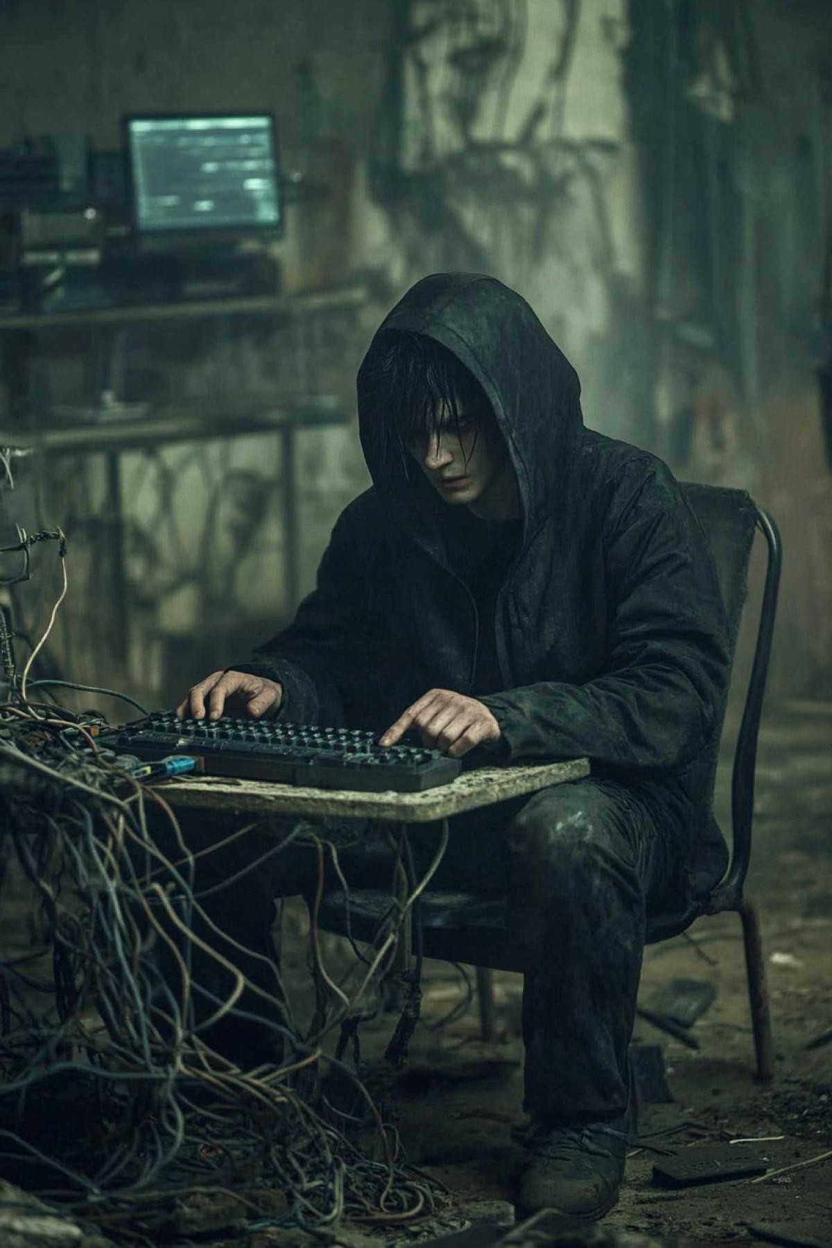 A mysterious hacker typing on a keyboard surrounded by wires and monitors. Hood on his head, face hidden in the shadows.