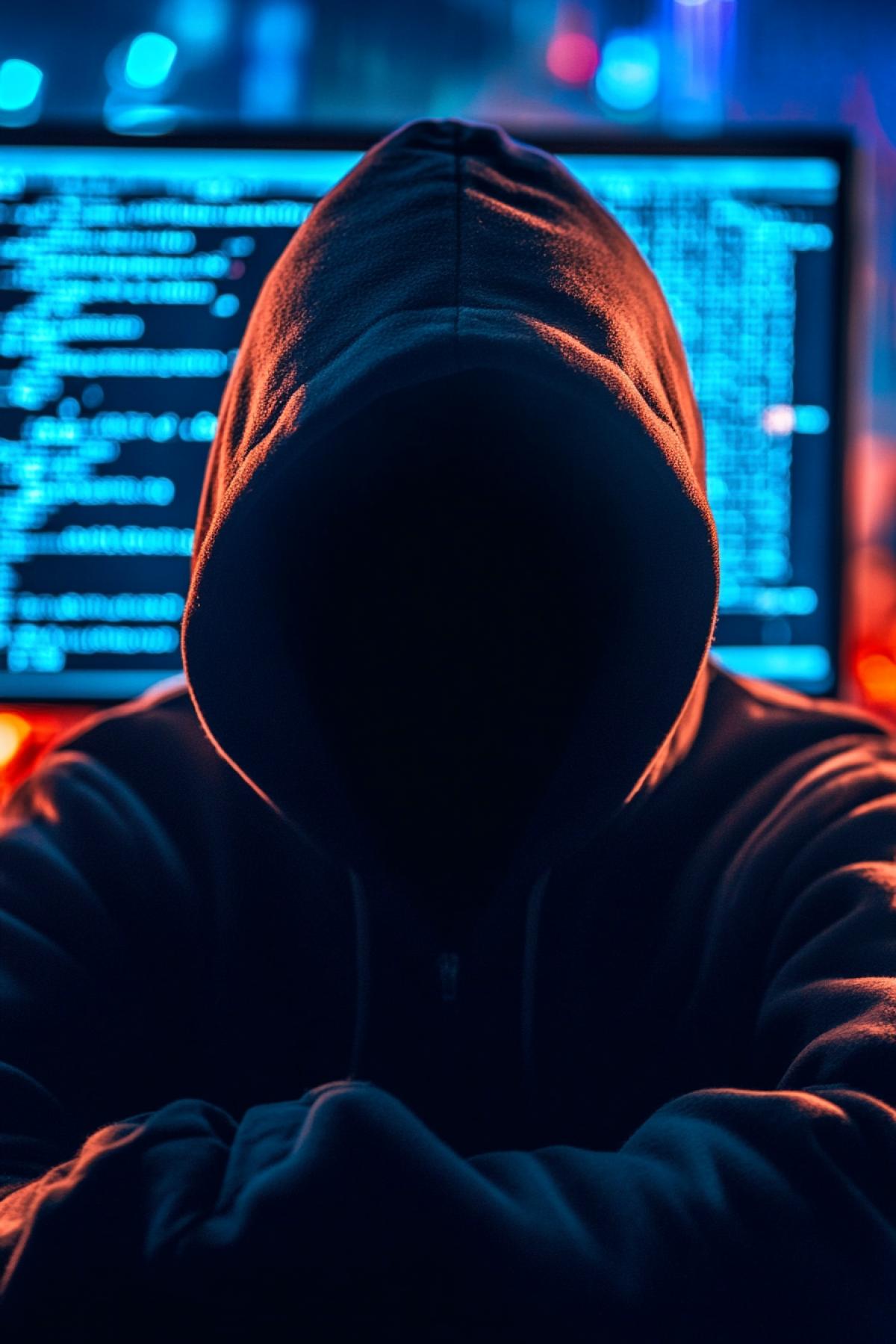 A mysterious hacker. Hood on his head, face hidden in the shadows. In the background is a large monitor with the code of the hacking program.