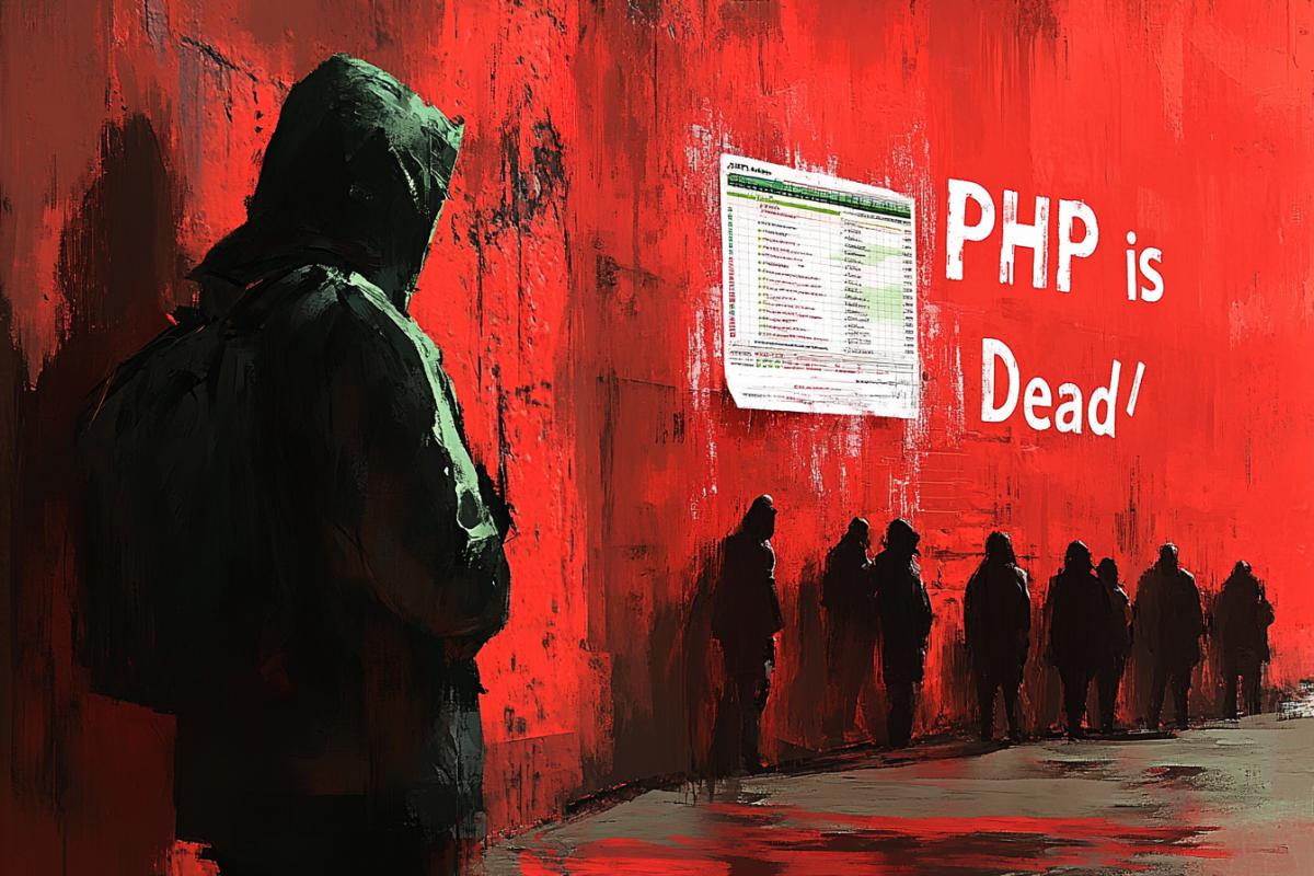 cyberpunk-inspired illustration featuring the large text \"PHP is Dead\" prominently displayed. Hooded figures with indistinguishable faces stand in silhouette, clad in dark robes that merge with the shadows. In the foreground, an Excel Logo spreadsheet glows with vibrant neon green light, contrasting sharply with the red and dark cyberpunk atmosphere. The scene is bathed in red and dark tones, creating a mysterious ambiance with intricate play of light and shadow. The glowing green elements of the spreadsheet harmonize with the dark, moody background, creating a and conceptual piece of art.