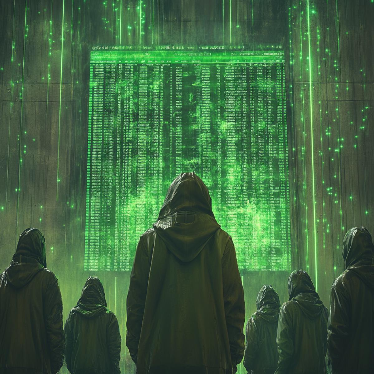 3D render illustration set in a cyberpunk atmosphere. A group of hooded figures stand in the foreground, their faces replaced by an enveloping darkness. In the background, an Excel spreadsheet emits a soft, neon-green light, contrasting with the dark figures. The neon green and dark color accents evoke the iconic Matrix style. The cinematic scene is framed to resemble a poster, immersing the viewer in a world of shadows and technology.