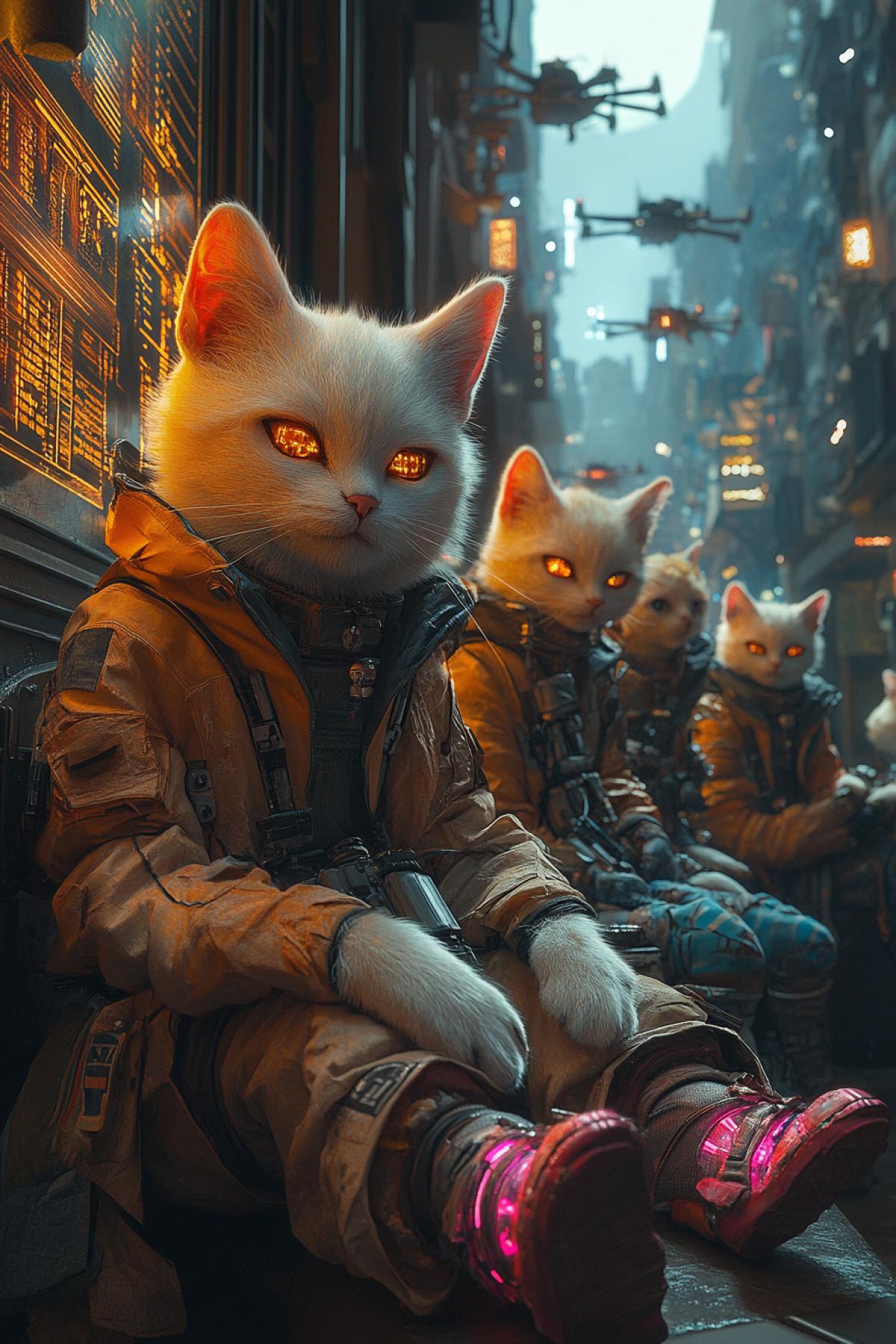 A high-tech gathering of anthropomorphic white cats, the leader in a casual cyberpunk outfit with pink glowing slippers, discussing the ISS security hack. Surrounding it are three younger cats in vibrant futuristic clothes: one in a yellow LED jacket and red shorts, the second in an orange light-infused jacket and blue augmented shorts, and the third wearing a white sleeveless shirt with metallic cyber tattoos. The scene unfolds in a neon-lit hideout with holographic screens and cybernetic gear scattered around. A massive moonlit window shows the futuristic city outside, drones hovering above. Cinematic, cyberpunk style, 3D render.