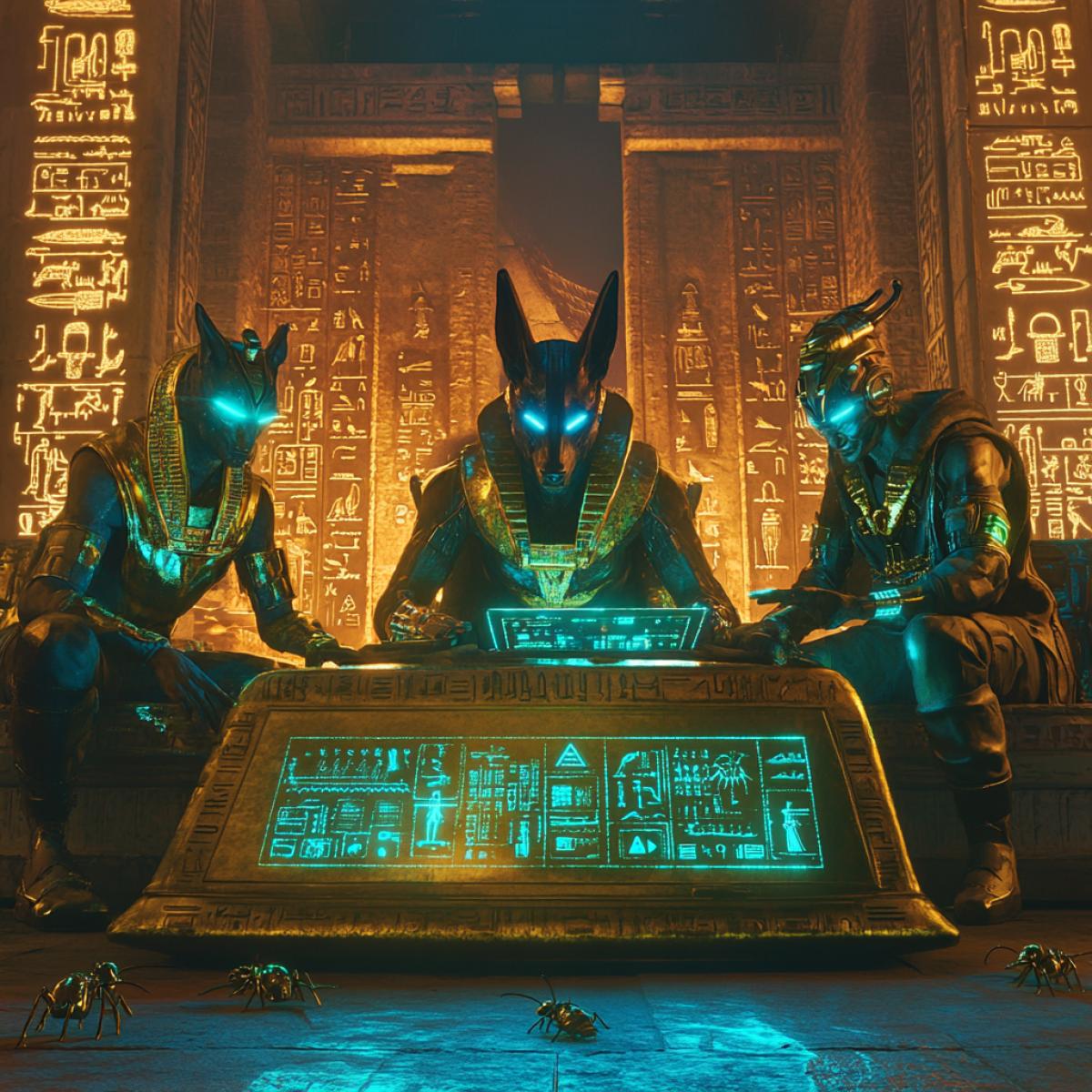 A group of ancient Egyptian gods turned hackers, sitting around a massive golden sarcophagus, covered in holographic glyphs and neon hieroglyphs glowing in mid-air. The god Anubis, with glowing blue jackal eyes, is coding furiously on a holographic tablet while Bastet reviews the cryptic code with cybernetic enhancements. The scene is set inside a futuristic version of a pyramid, blending ancient stone walls with neon lights, hovering servers, and glowing scarabs crawling across the digital floor. The gods are planning to hack the afterlife’s digital firewall. Surreal, cinematic, 3D render.