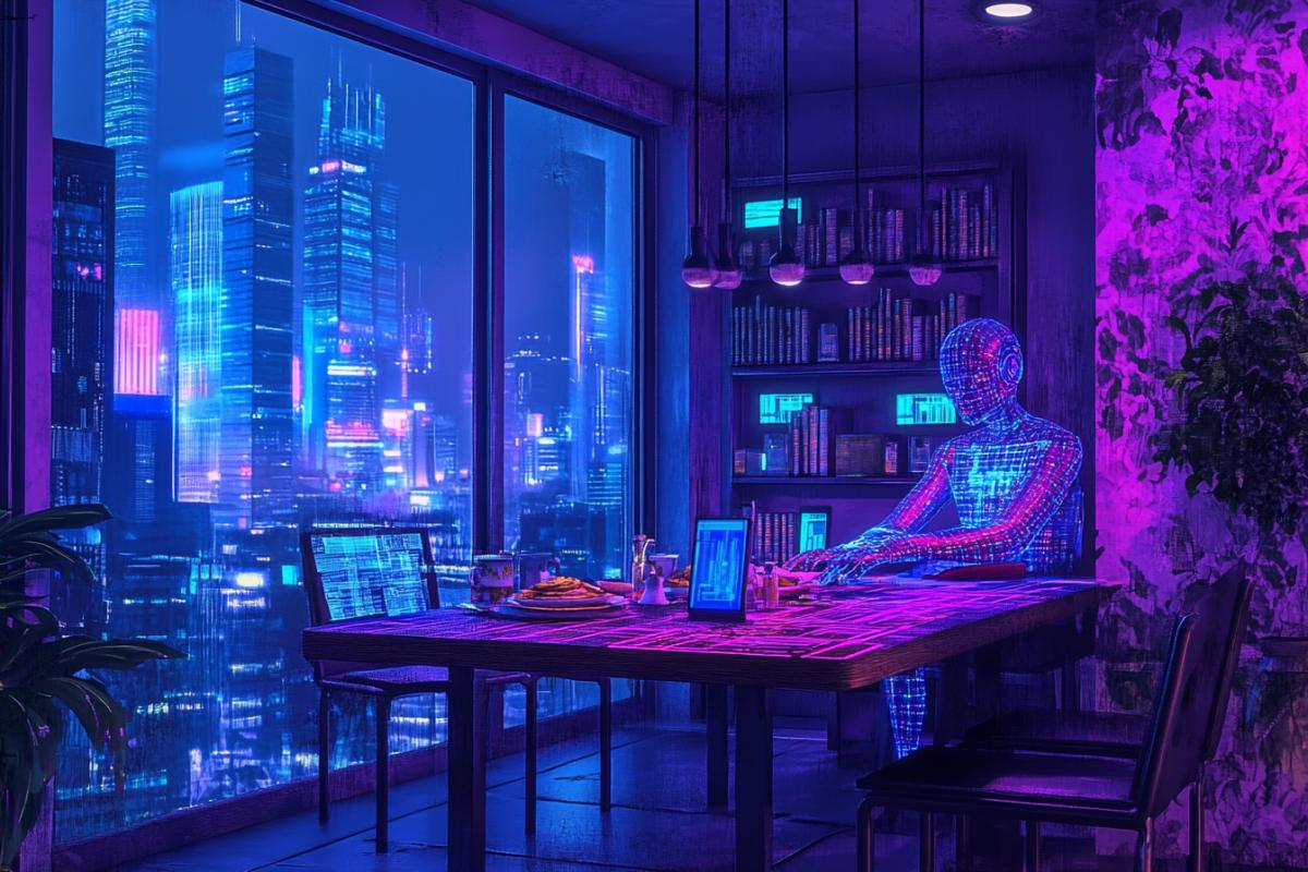 A surrealist painting of a humanoid figure made of cables and data streams, sitting at a wooden dining table. The table is set with glowing circuit boards and electronic devices instead of food. The room has floral wallpaper and a vintage chandelier, creating a contrast between the old-fashioned decor and the futuristic figure. The window shows a distorted city skyline where buildings bend and flicker like glitches. In the background, a bookshelf contains books made of glowing code. The scene feels both familiar and excitingly alien, cinematic and dreamlike.