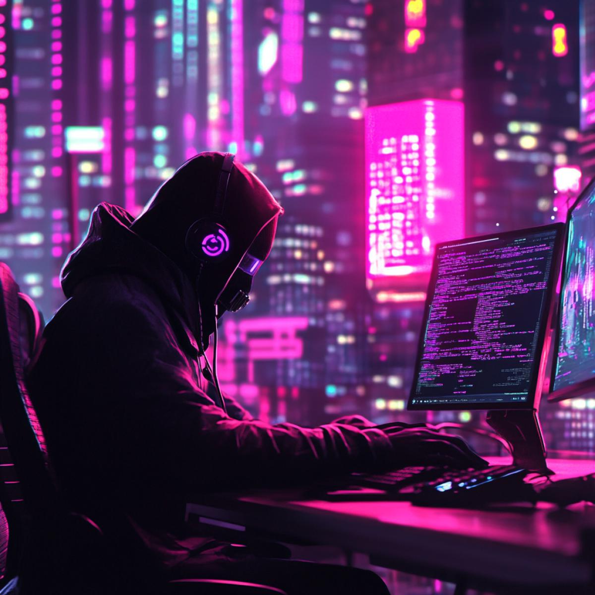 a hacker working at a computer. bright neon lights, code floating in the air, or more cyberpunk interpretations. Focus on mystery, mystery and technological details.