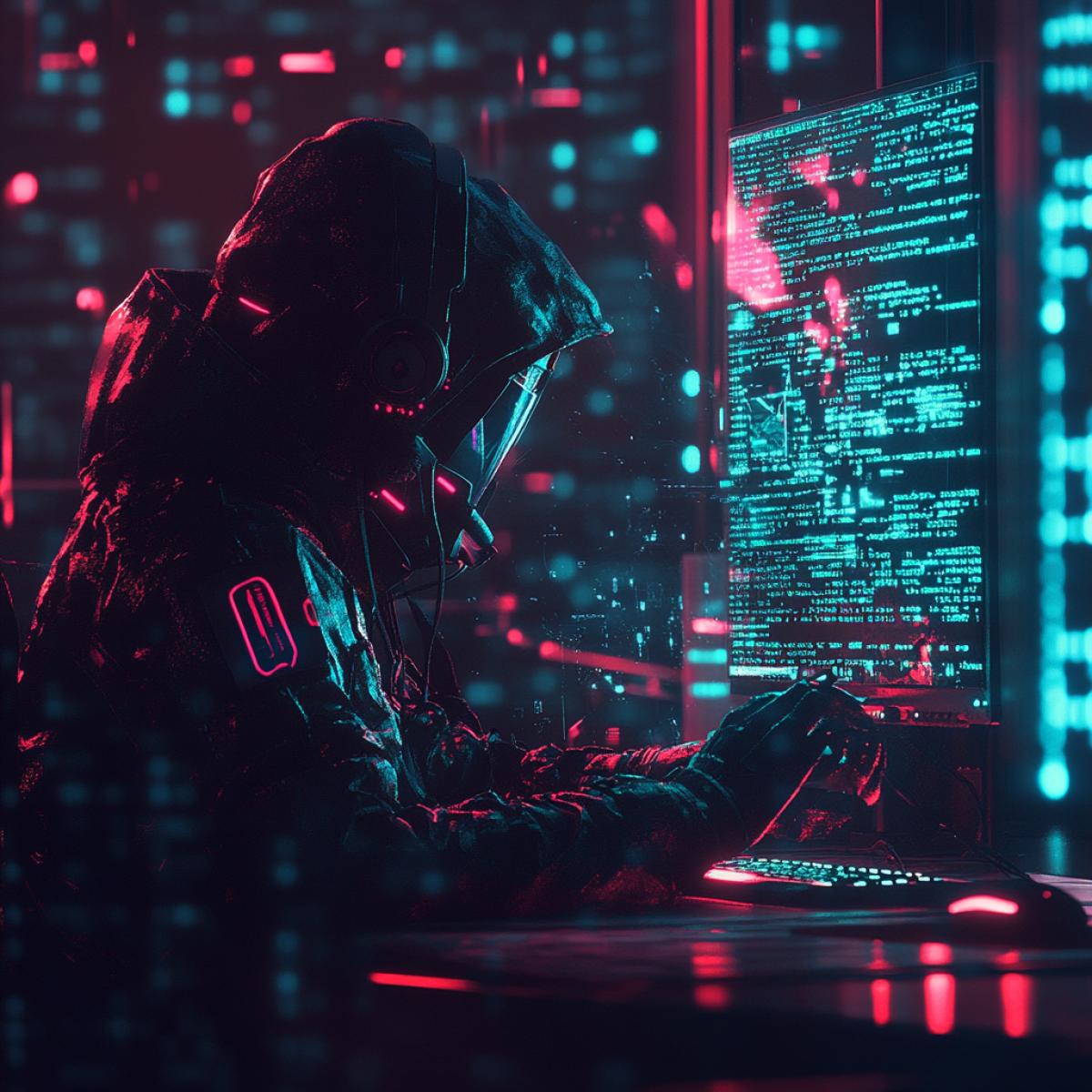a hacker working at a computer. bright neon lights, code floating in the air, or more cyberpunk interpretations. Focus on mystery, mystery and technological details.