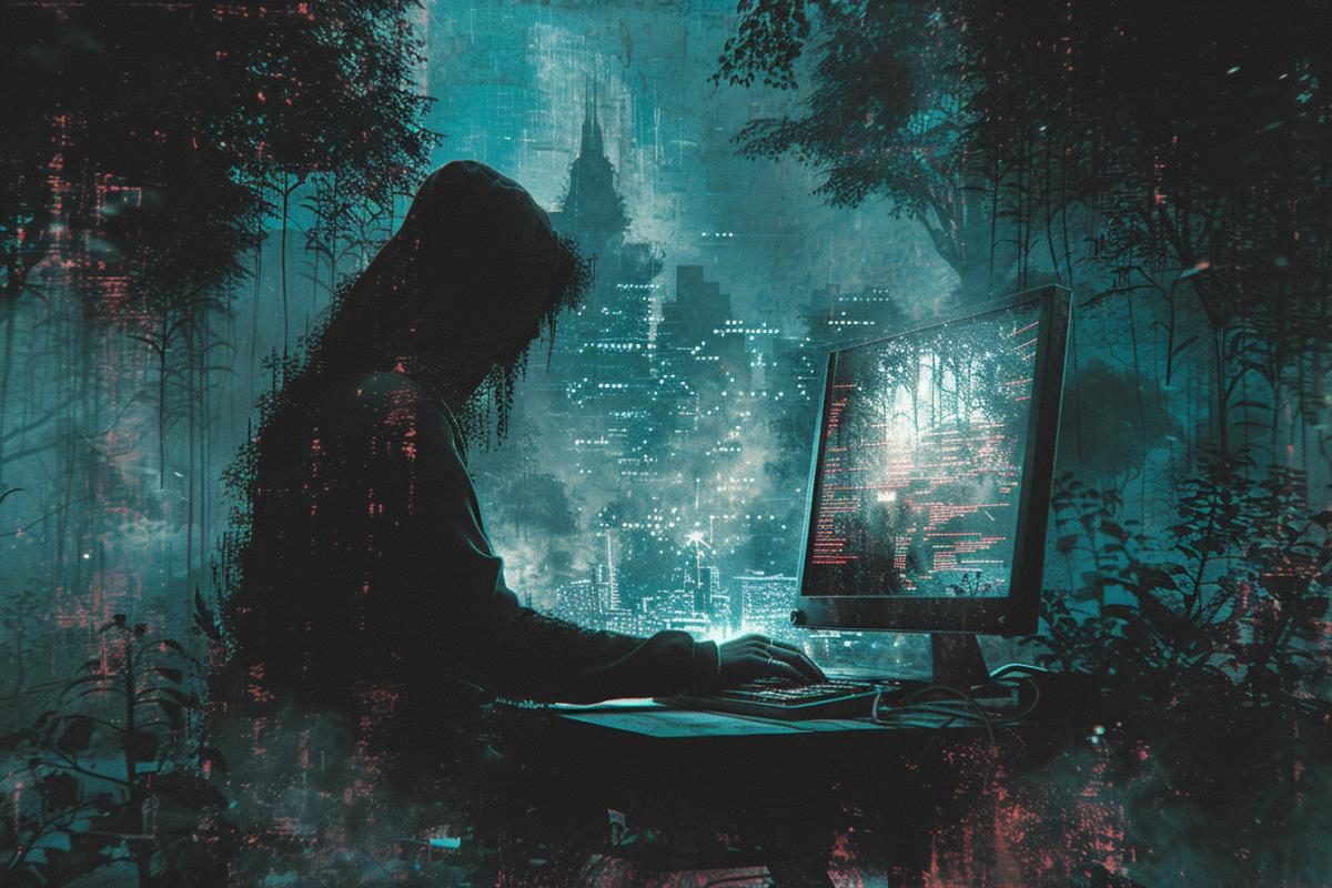 A mysterious bearded hacker sits in the forest at a computer. Night forest, matrix, forest cyberpunk