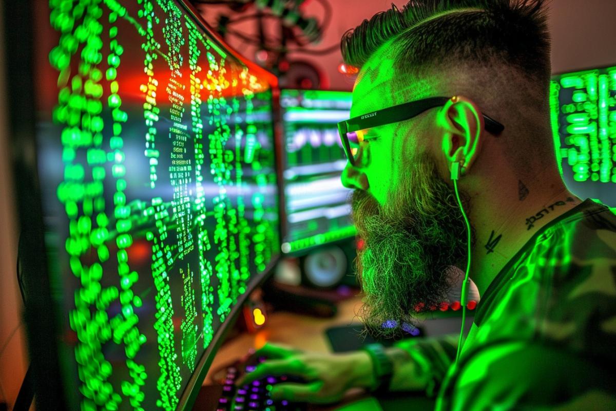 A mysterious bearded hacker sits in the forest at a computer. Night forest, matrix, forest cyberpunk