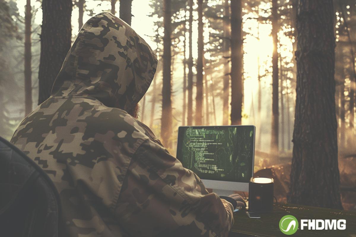 A mysterious bearded hacker sits in the forest at a computer. Night forest, matrix, forest cyberpunk