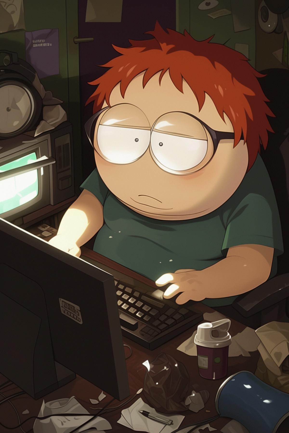 fat cool, businessly hacker with glasses, red hair, dirty t-shirt, sitting at computer, trash in room, empty cans, south park style