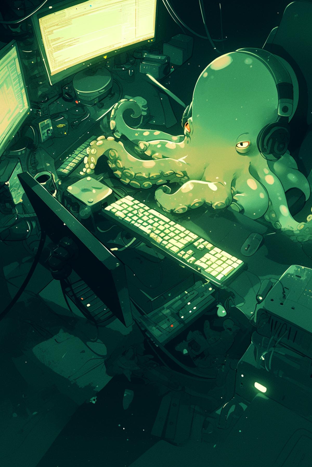 octopus hacker working on multiple keyboards and monitors, dark room, light green and dark, dark, cartoons