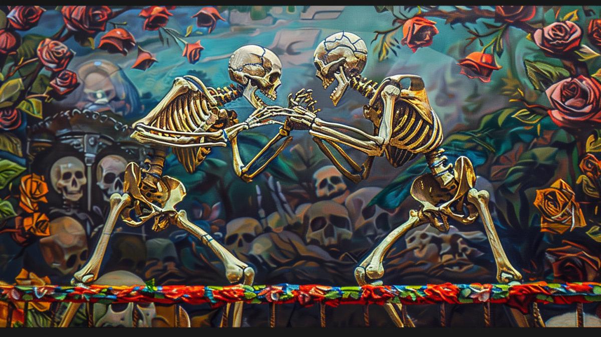 Fight in the ring of two skeletons, colorful frame,