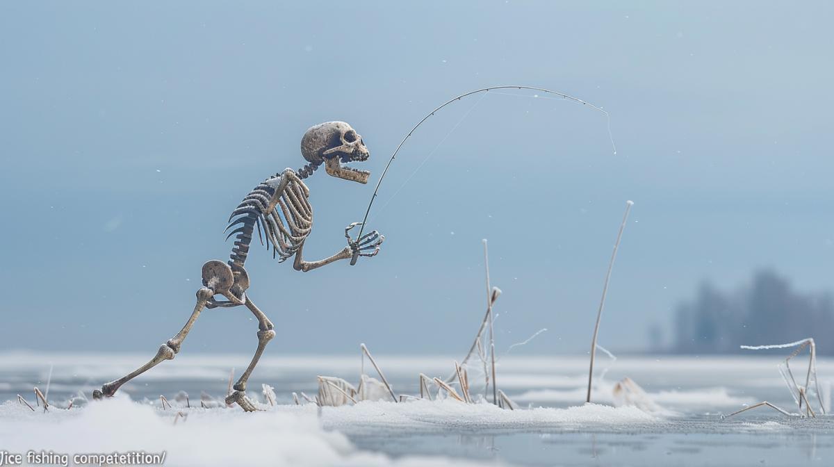 Skeleton caught a fish skeleton on winter fishing, inscription in Russian \"ice fishing competition\", photograph