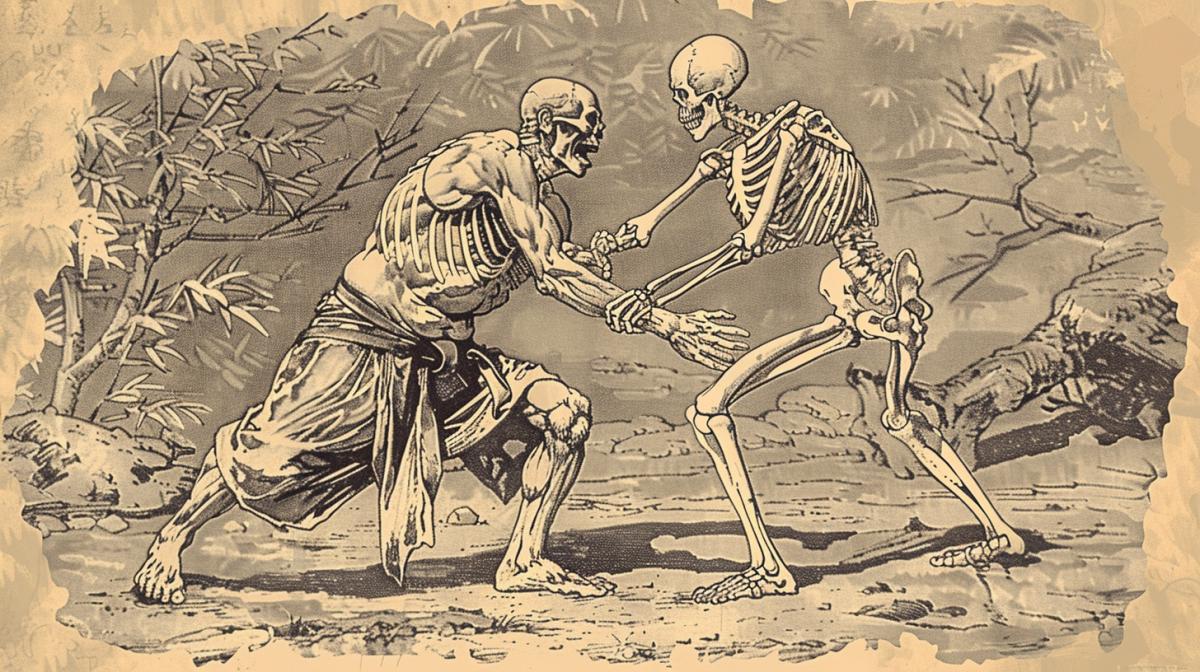 skeleton sumo wrestler fights on the tatami with a sumo wrestler, dynamics, active combat, aggression, engraving in the style of Hokusai