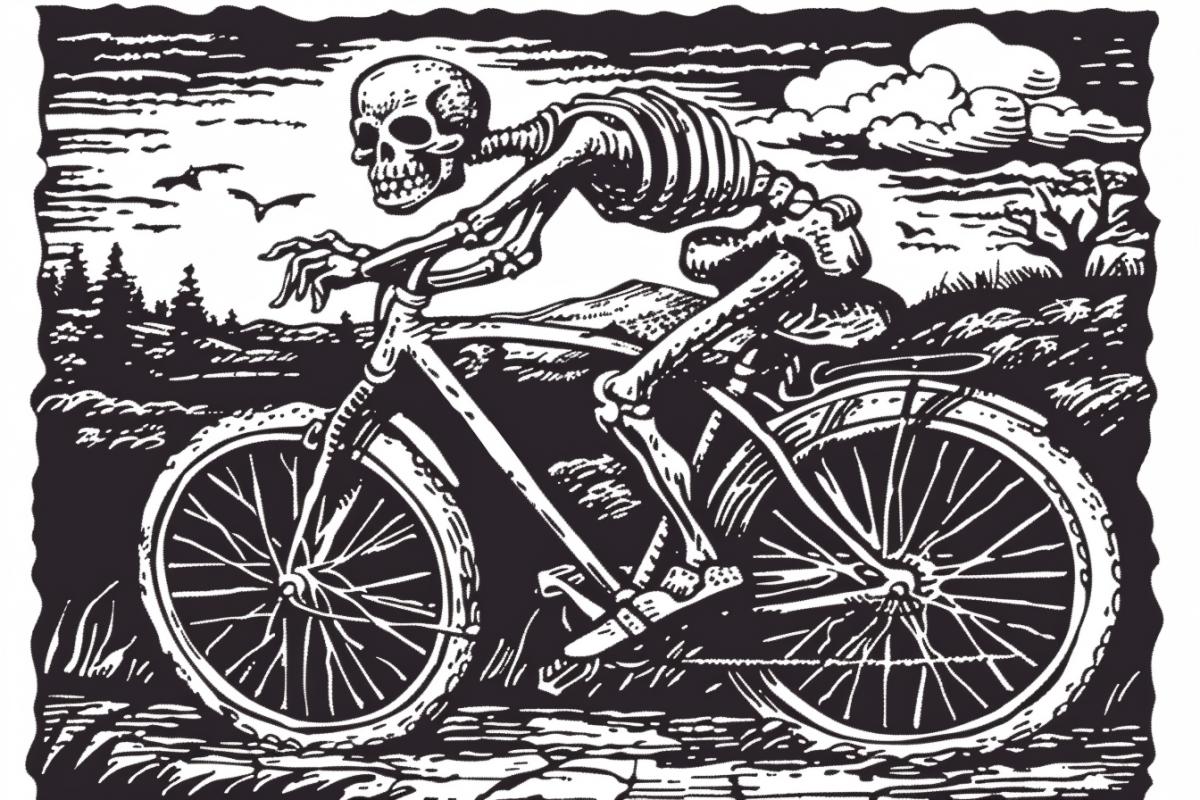Skeleton cyclist is engaged in bicycle racing