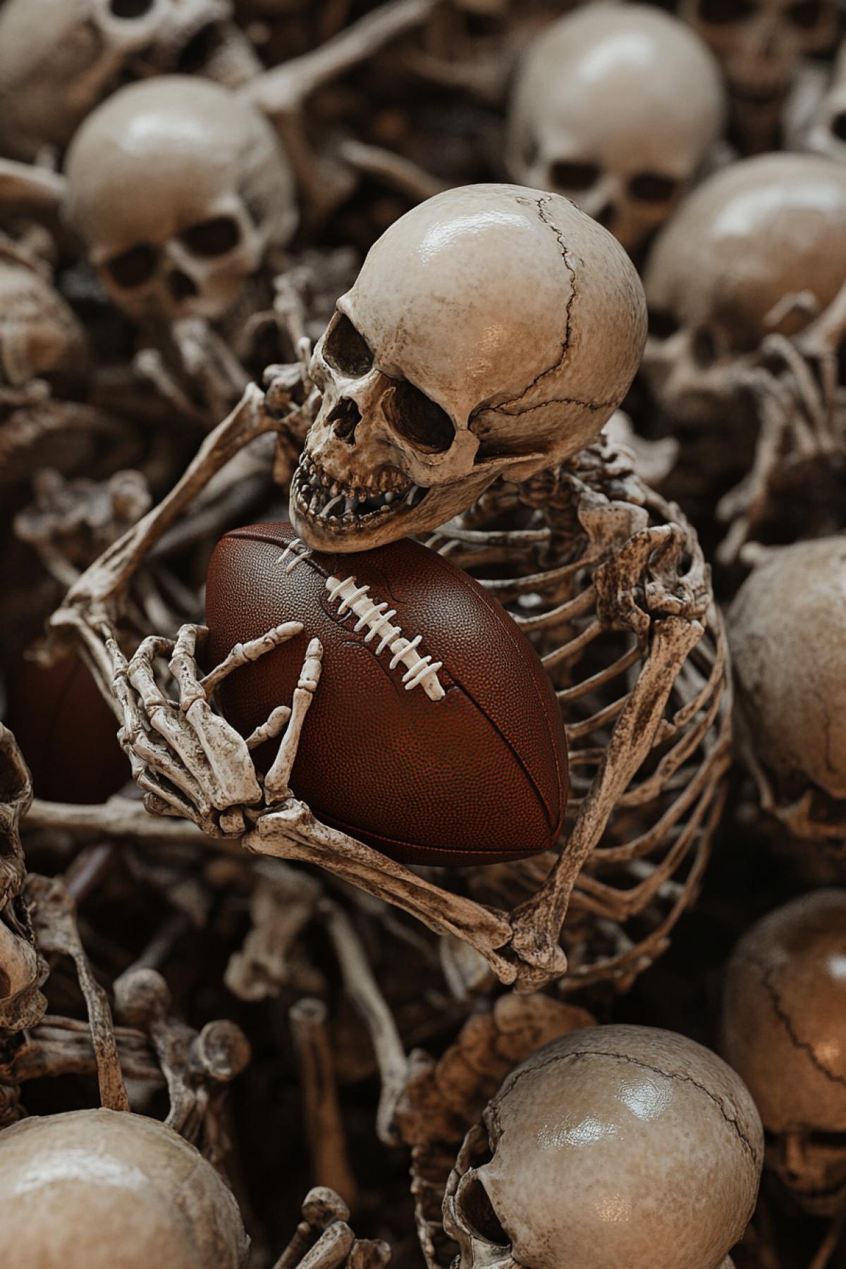 Pile of skeletons bones playing American football ball in the bottom
