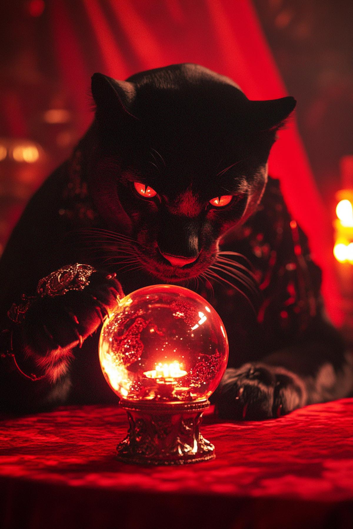 Anthropomorphic dark panther as extrasensory giggling burning eyes sitting at the table with glass sphere oracle in red velvet interior cinematographic light two colours only red and dark mystical atmosphere