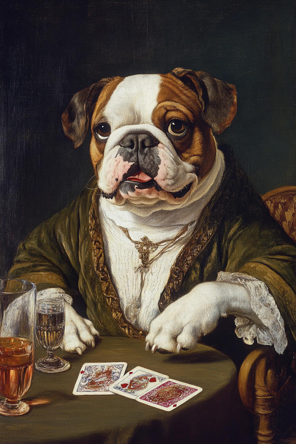Clairvoyant anthropomorphic bulldog telling fortune taro cards medieval Rafael Caravaggio Leonardo art oil canvas