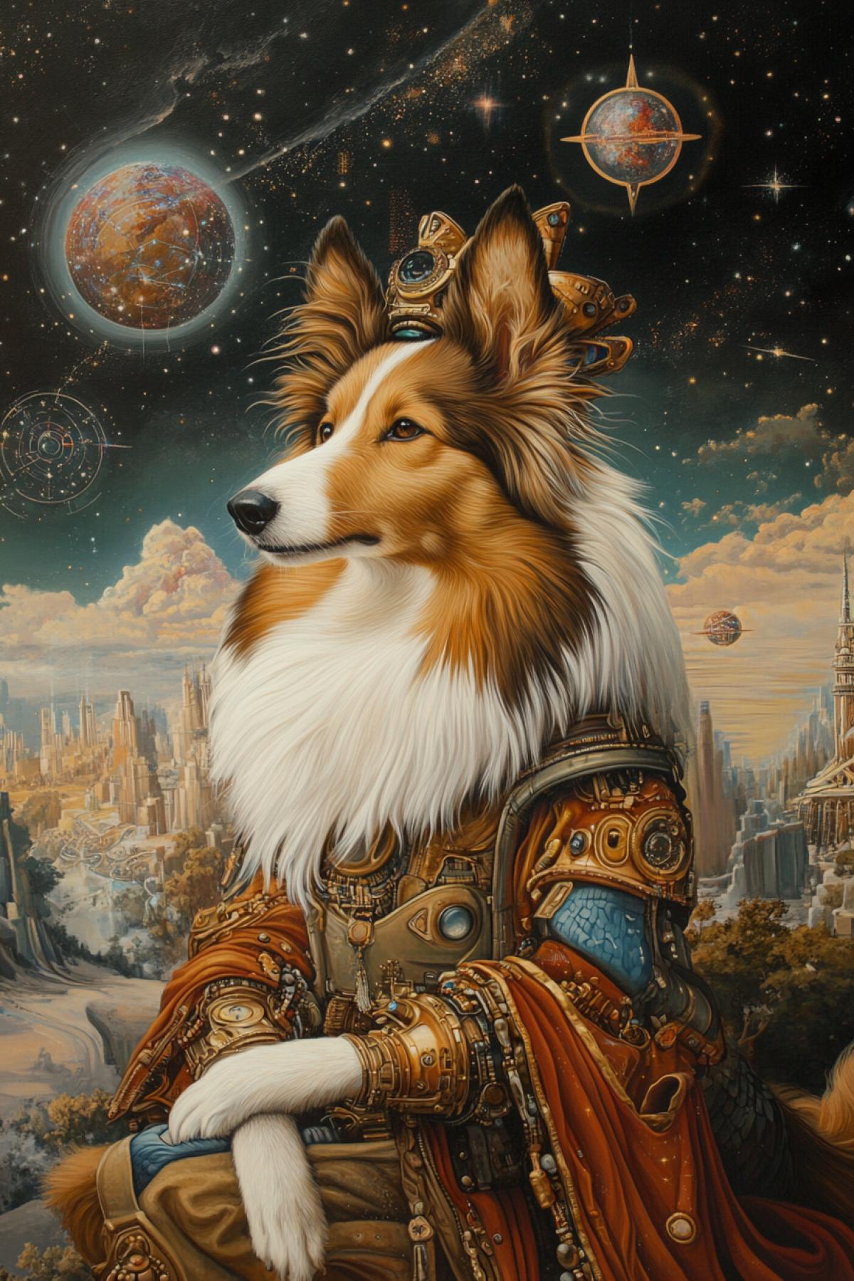 Anthropomorphized female collie dog as futuristic astrologist in 22 century lots of details beautiful picture