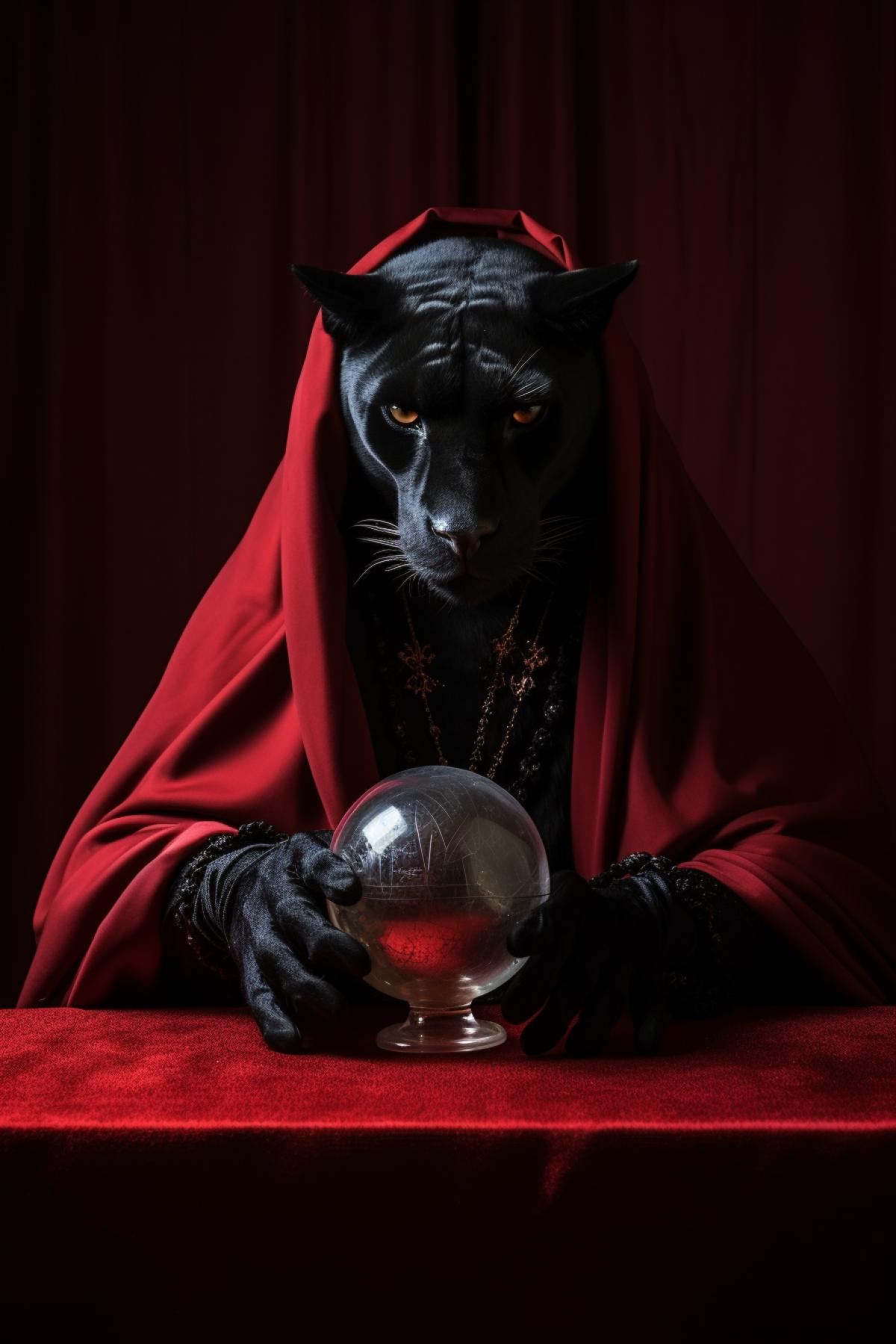 Anthropomorphic dark panther as extrasensory sitting at the table with glass sphere oracle in red velvet interior cinematographic light two colours only red and dark mystical atmosphere