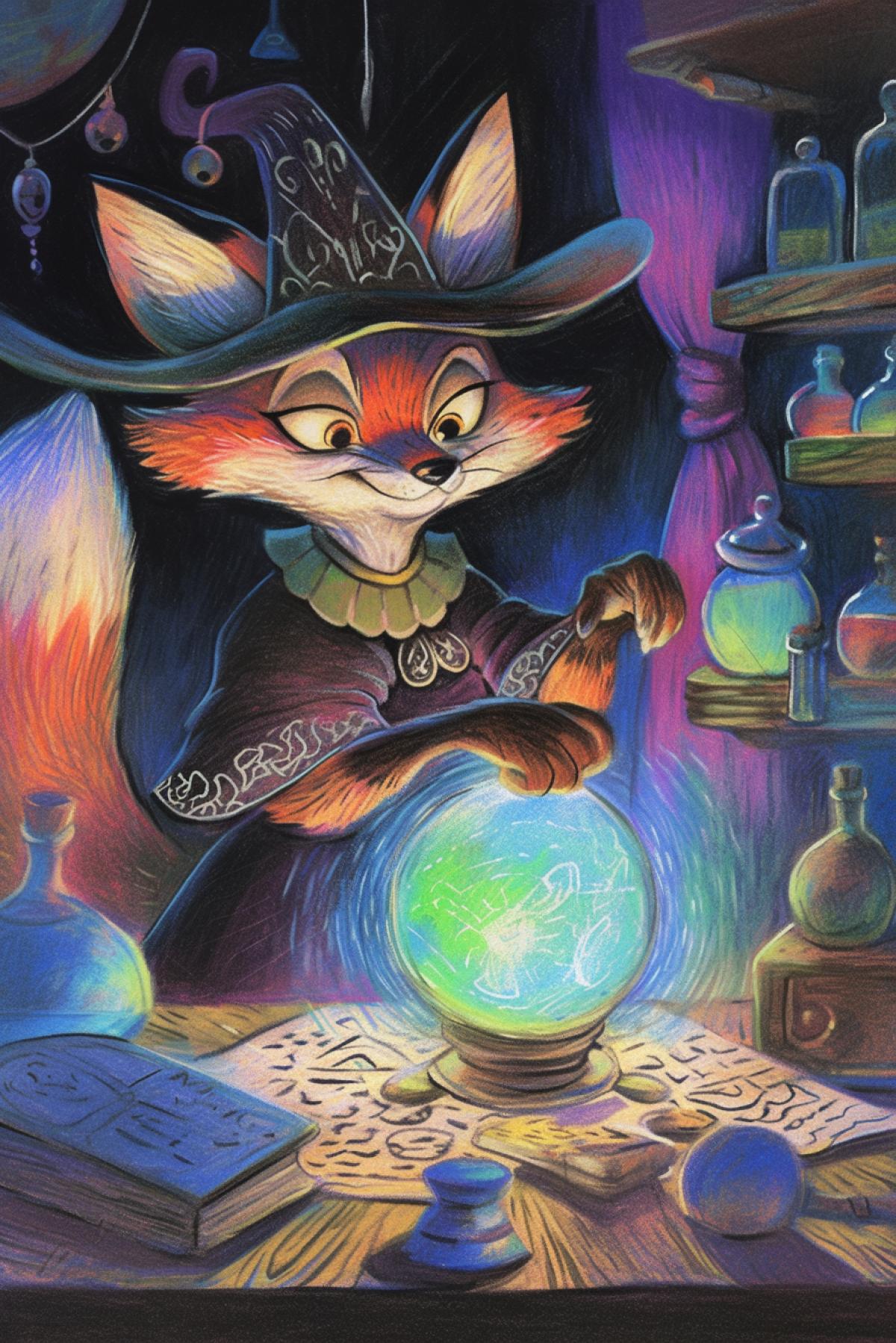 anthropomorphic fox in magic robe, witch hat, fortune telling on magic ball, background magical objects, fortune teller house, disney animation style, colored pencil drawing, cartoon