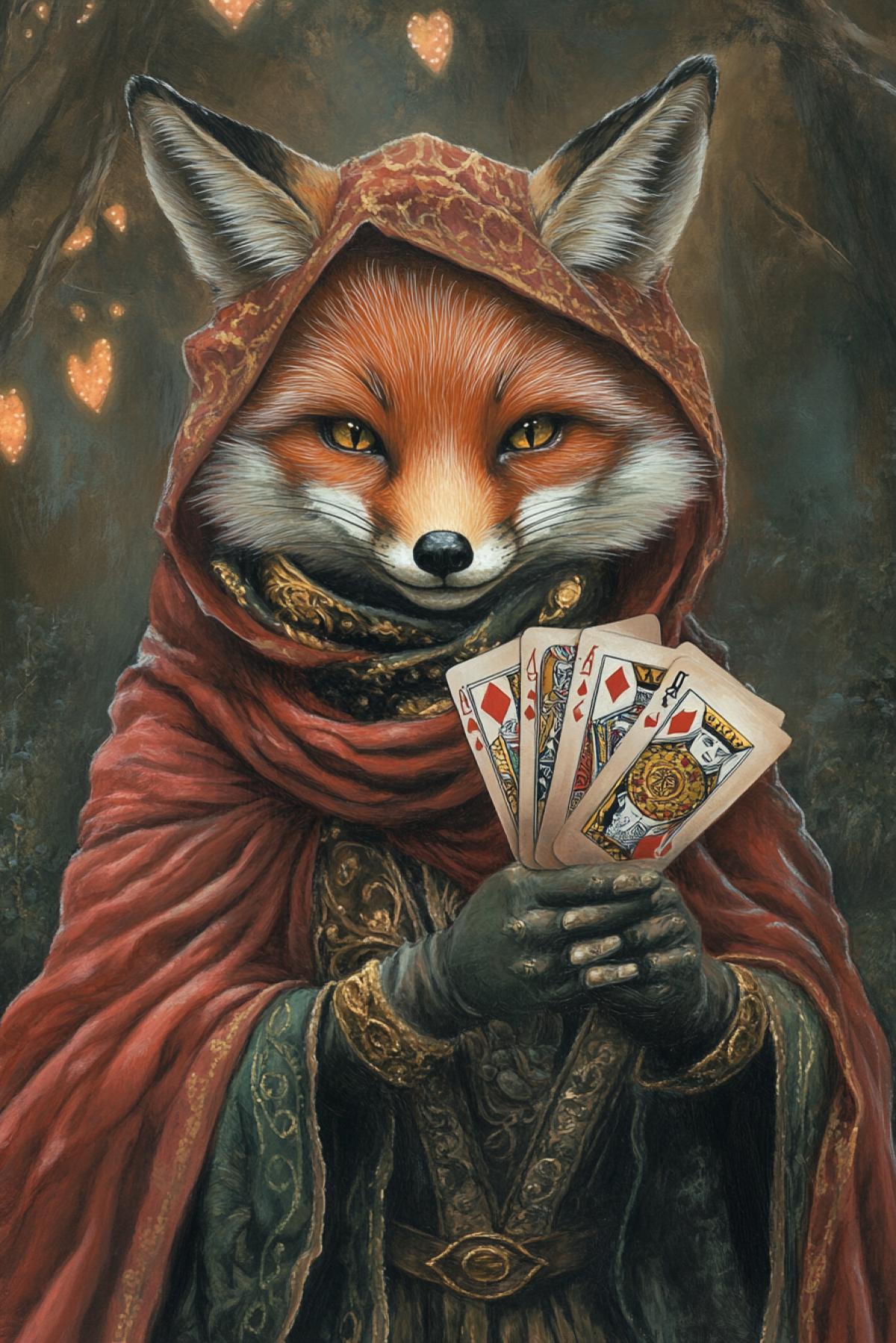 A sly fox fortune teller in womens clothing with a deck of cards