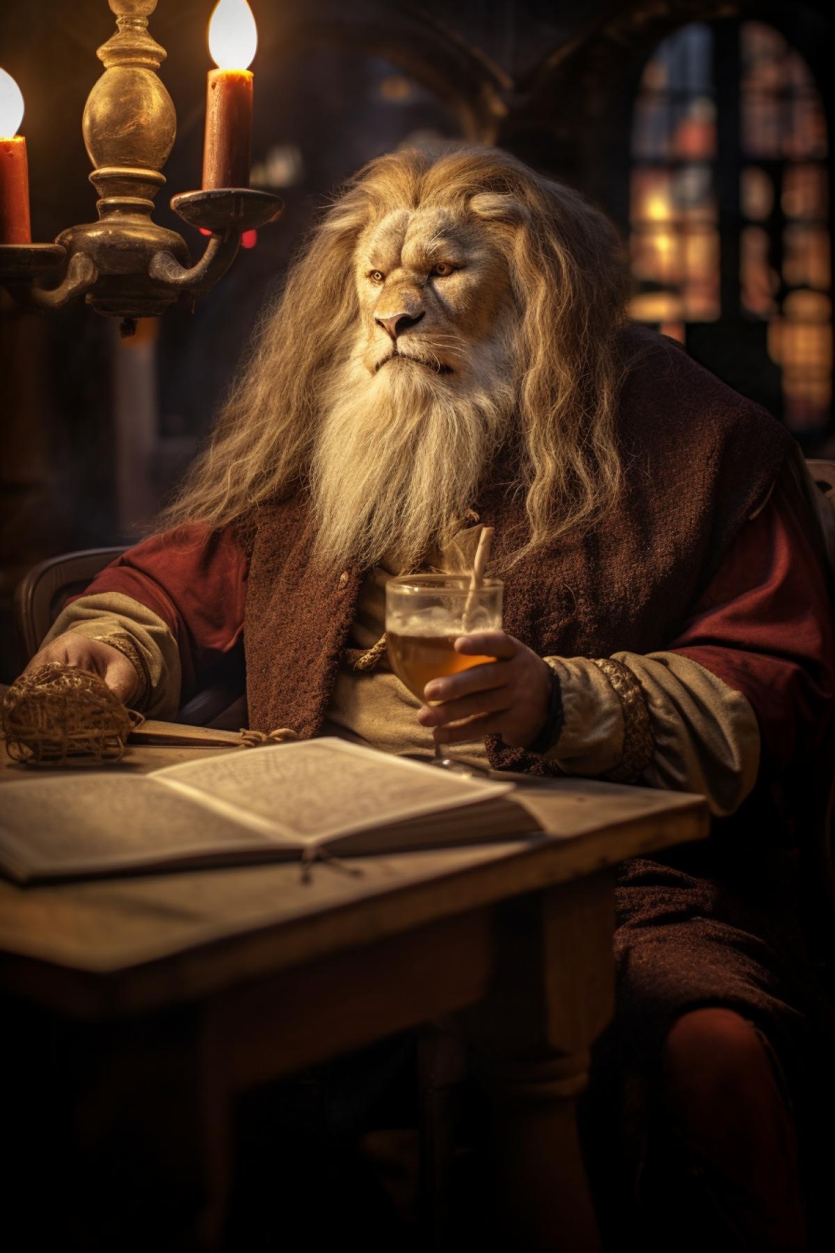 An intelligent lion fortuneteller in medieval clothes sits on a chair in dim light, only the apron is visible. Leo squints a little and looks at the glass of beer, trying to guess at the drawing made of foam. He can be seen looking directly at the glass of beer. There is a table in front of him, and on the paper is \"ragaHue 10000\". Ironic picture