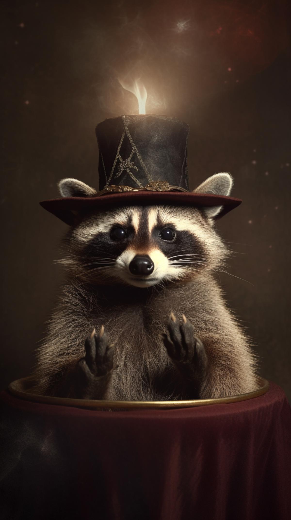 Raccoon fortune teller dressed as a magician in an atmosphere of predictions, stars in the form of a halo above his head