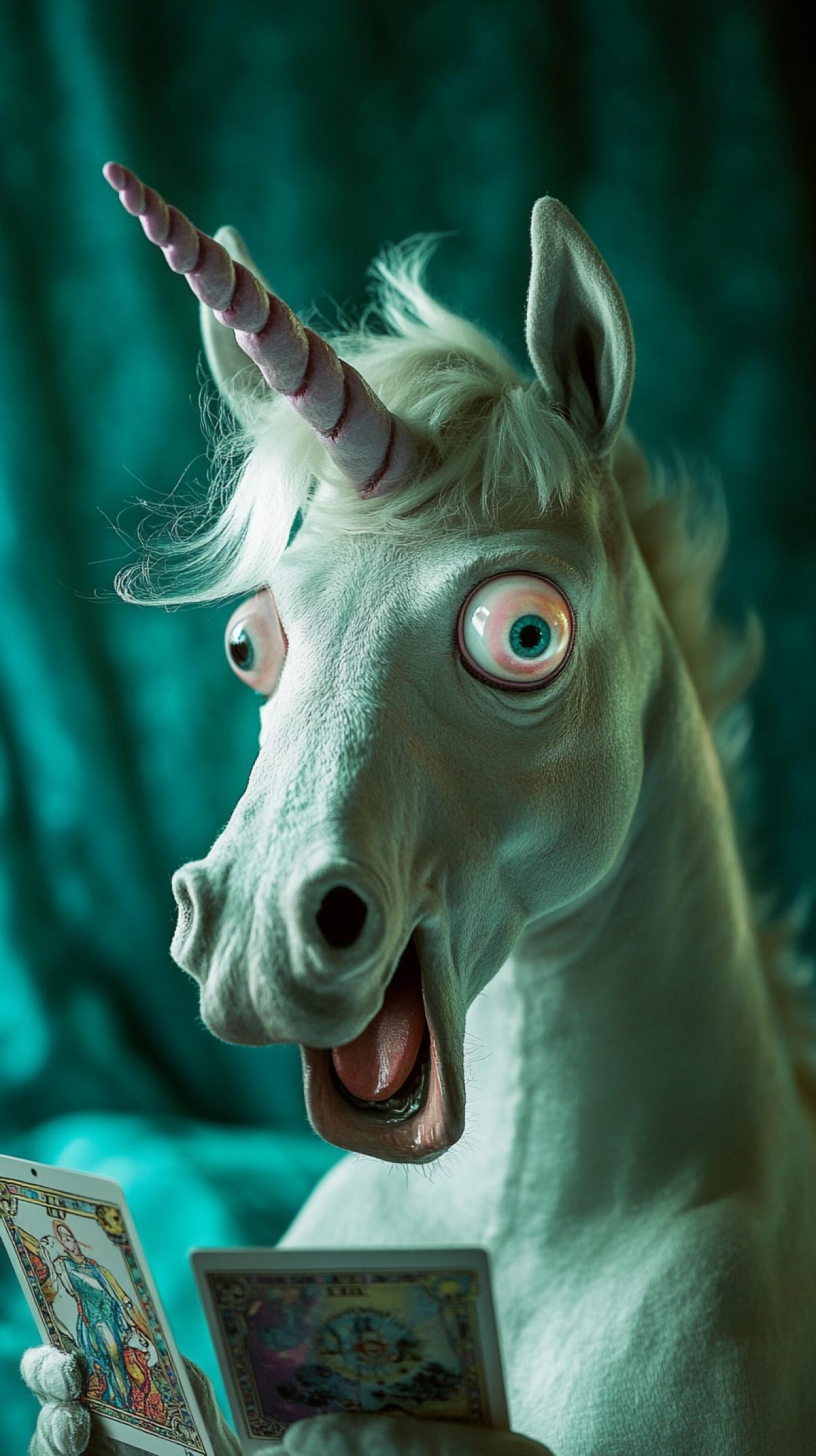 Anthropomorphic unicorn in the form of a medium looks with great surprise at the tarot cards, bulging eyes, open mouth, soft photographic style.