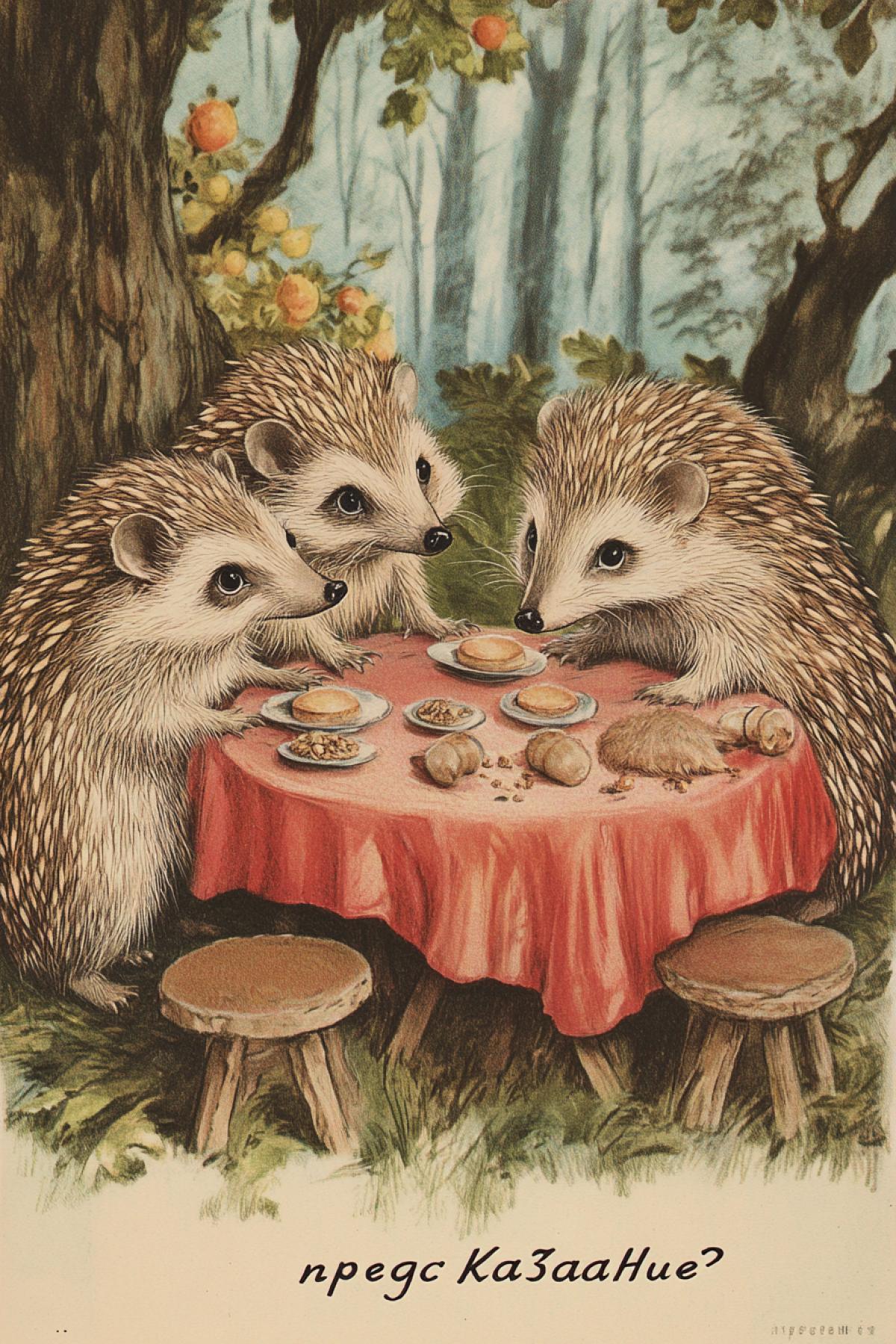 Advertising of fortune telling with text \"npegcKa3aHue\" picturing several Hedgehogs fortunetellers