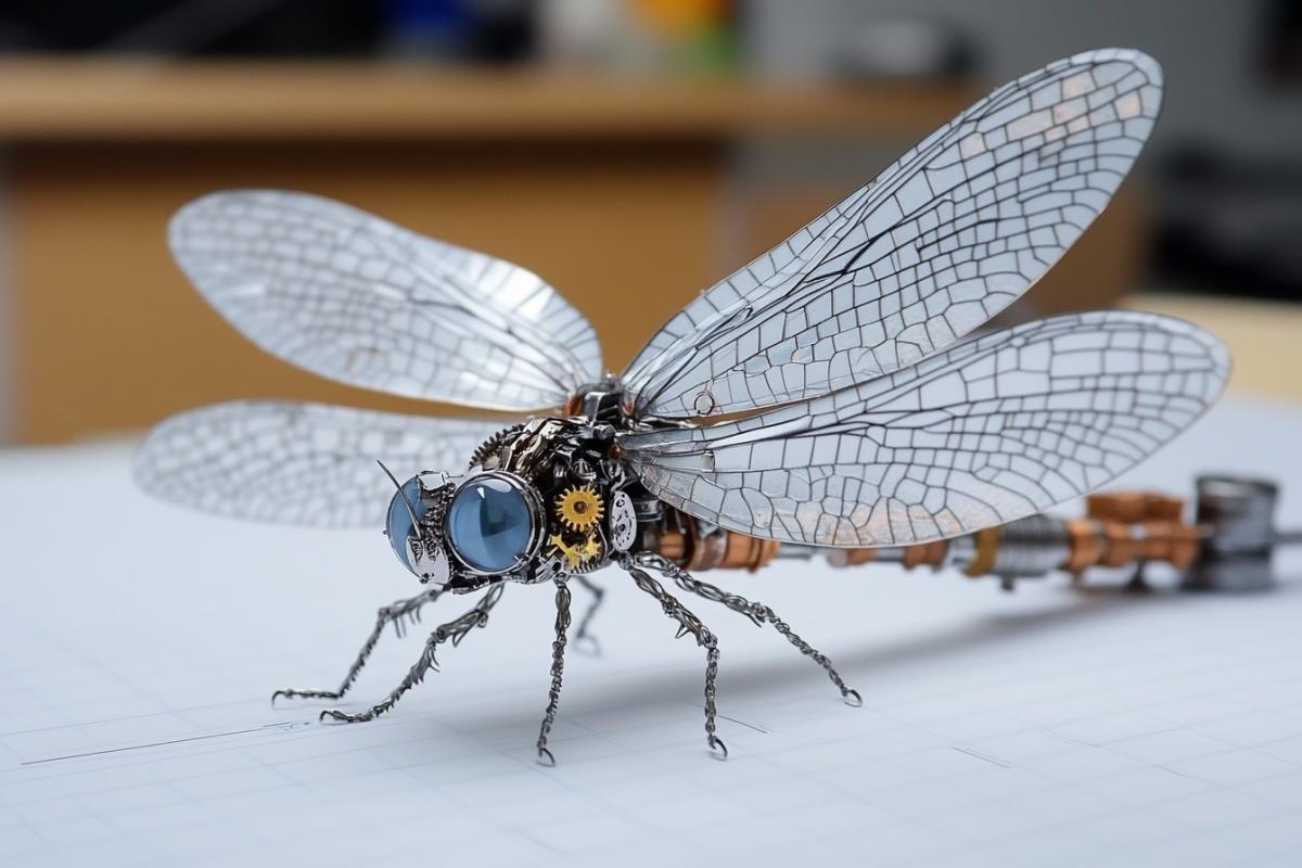 Mechanical realistic dragonfly with glass wings. Steampunk. Lots of small parts. Gears. Clock mechanism. Silver, copper.