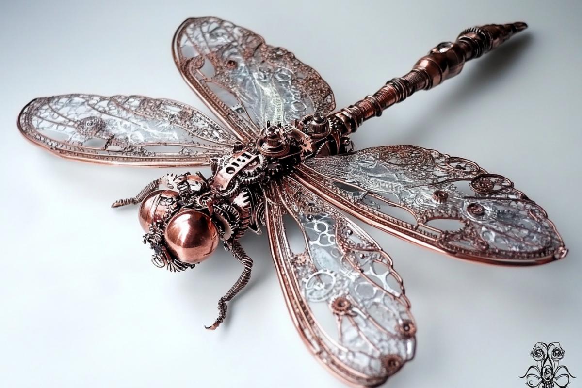Mechanical realistic dragonfly with glass wings. Steampunk. Lots of small parts. Gears. Clock mechanism. Silver, copper.