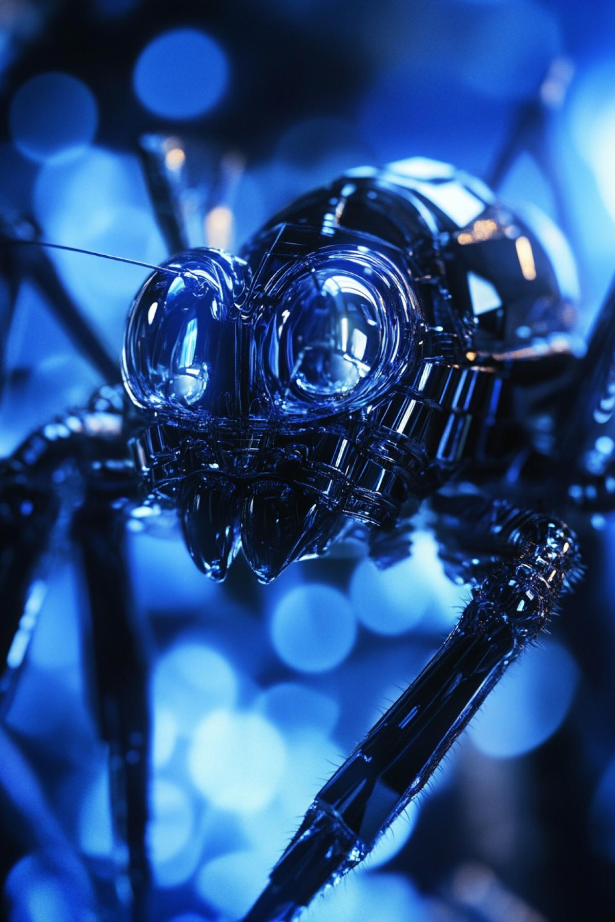 Aggressive frightening insect robot all built of dark mate and dark glass blocks on dark-blue velvet scenic photo gloss shine macro photo
