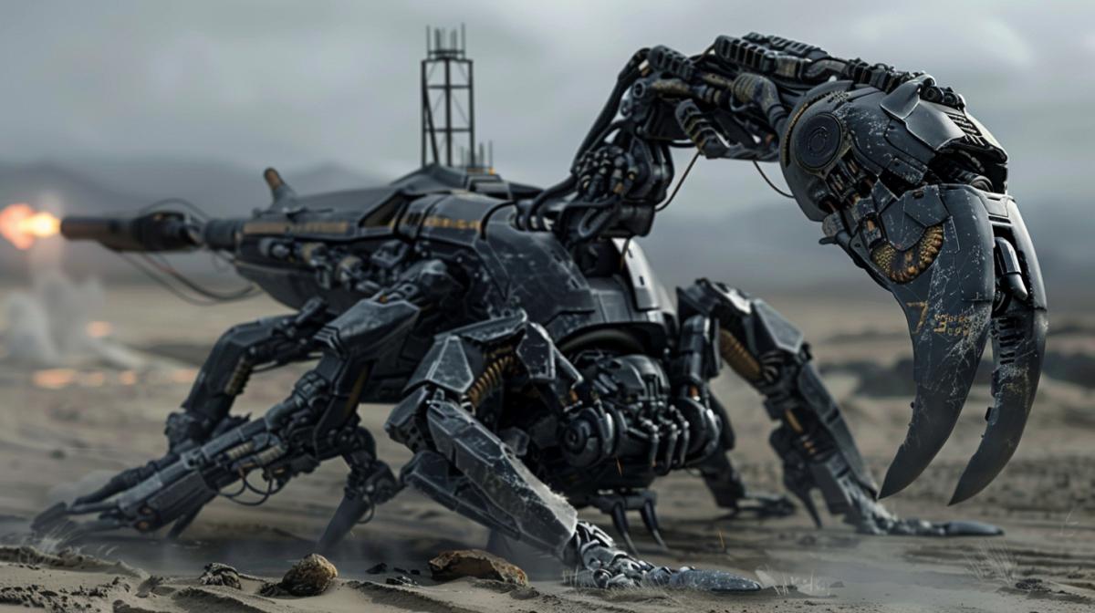 Fantastic robot a scorpion insect on the back, a tower with a cannon, a rocket launcher on the tail, a still from a science-fiction film, high quality, maximum details, contour lighting,